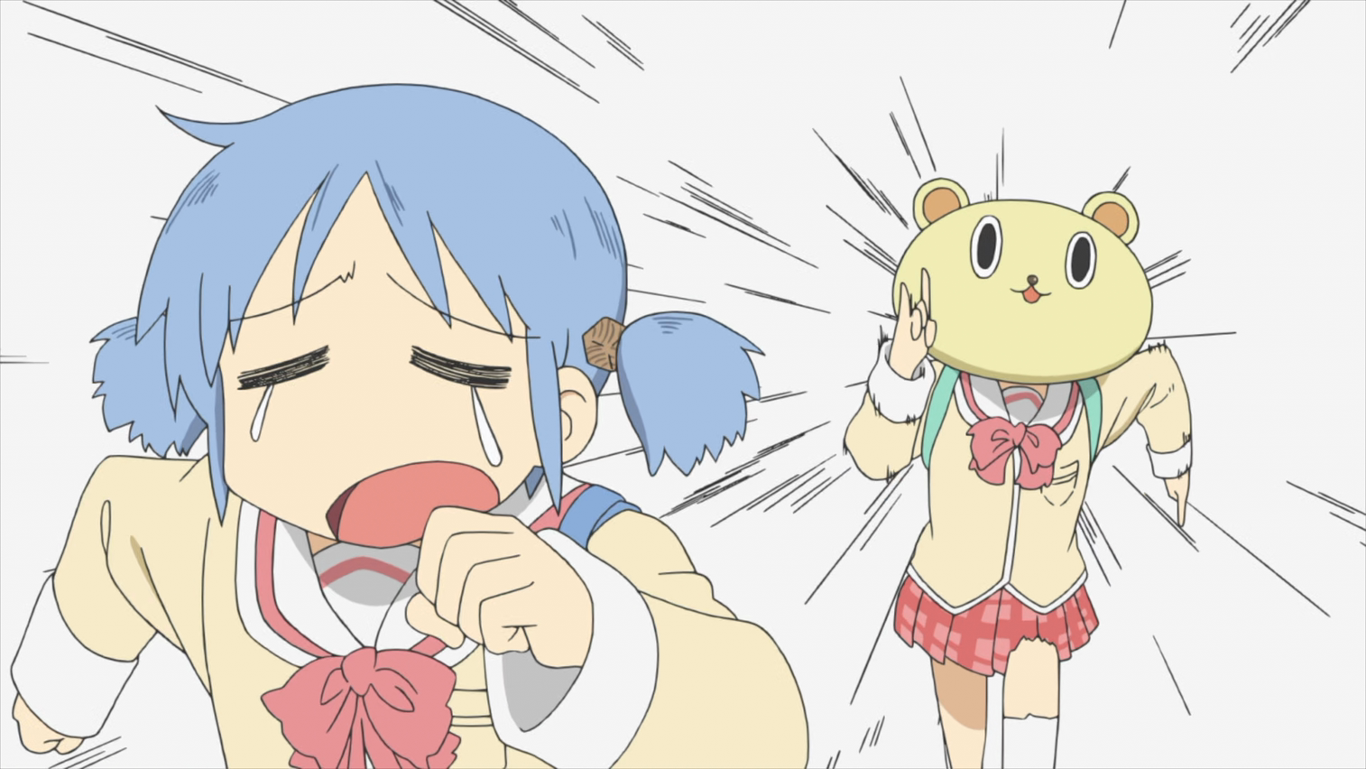 Mio Naganohara and a character in a bear costume from Nichijou HD Wallpaper