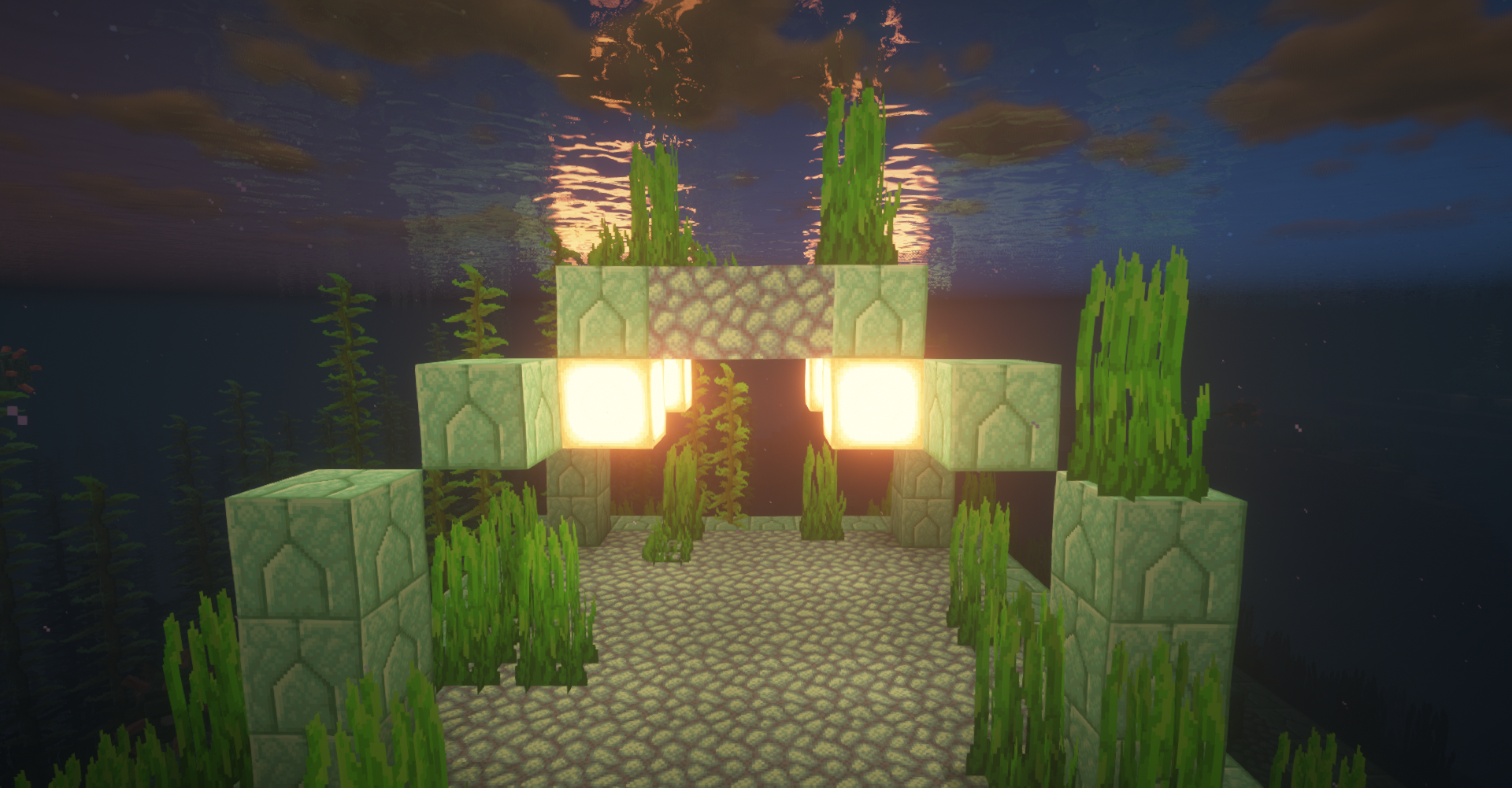 Minecraft underwater structure with sea grass and lighting HD Wallpaper