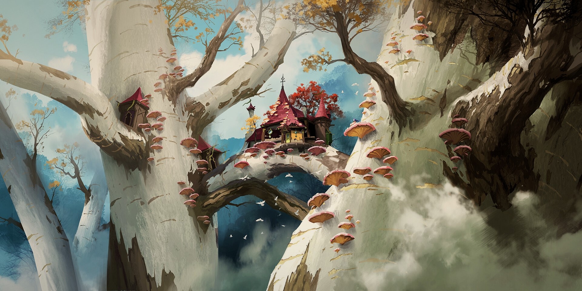 Fantasy mushroom village on trees HD Wallpaper