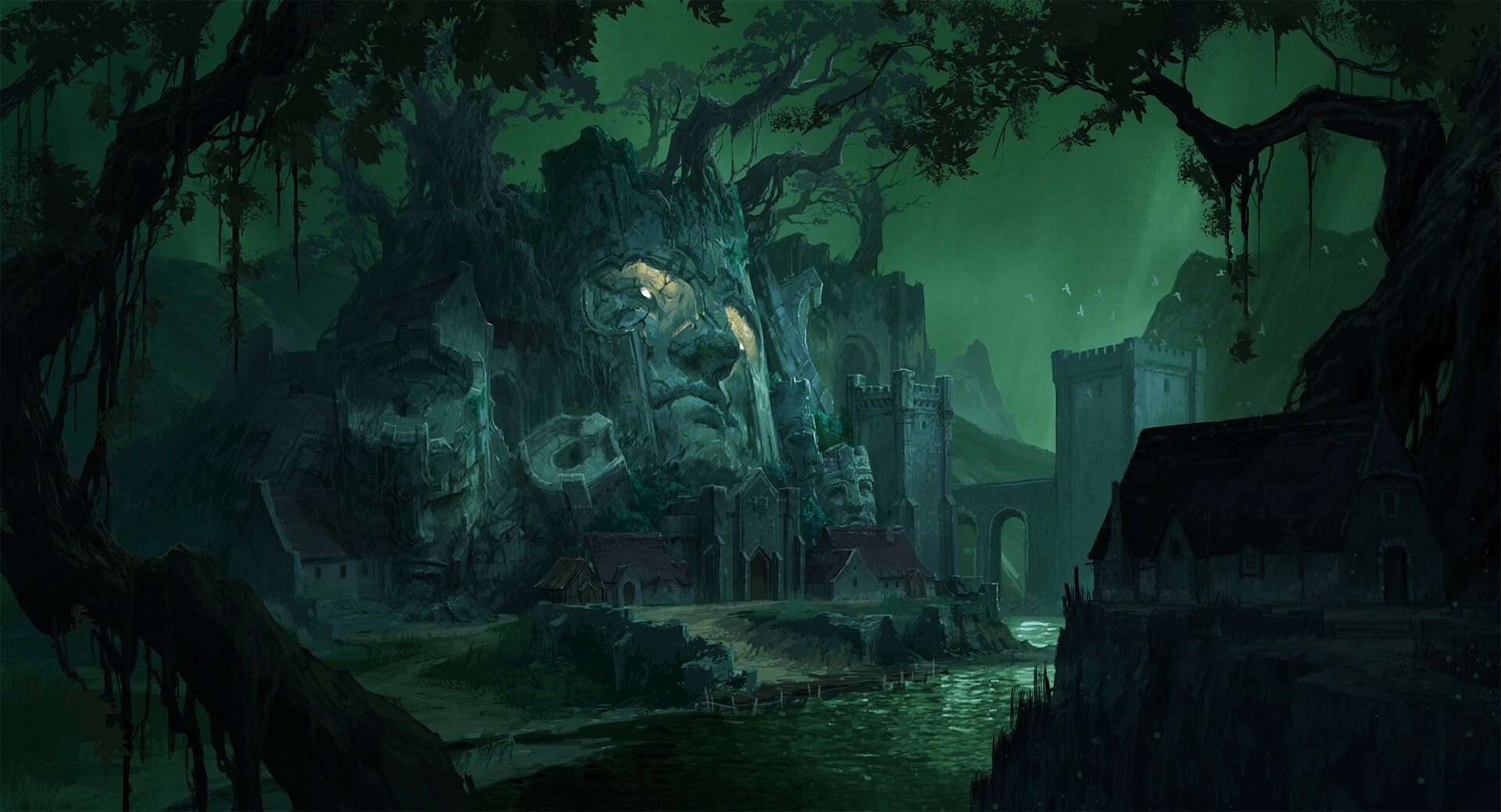 Fantasy village built into a giant stone face HD Wallpaper