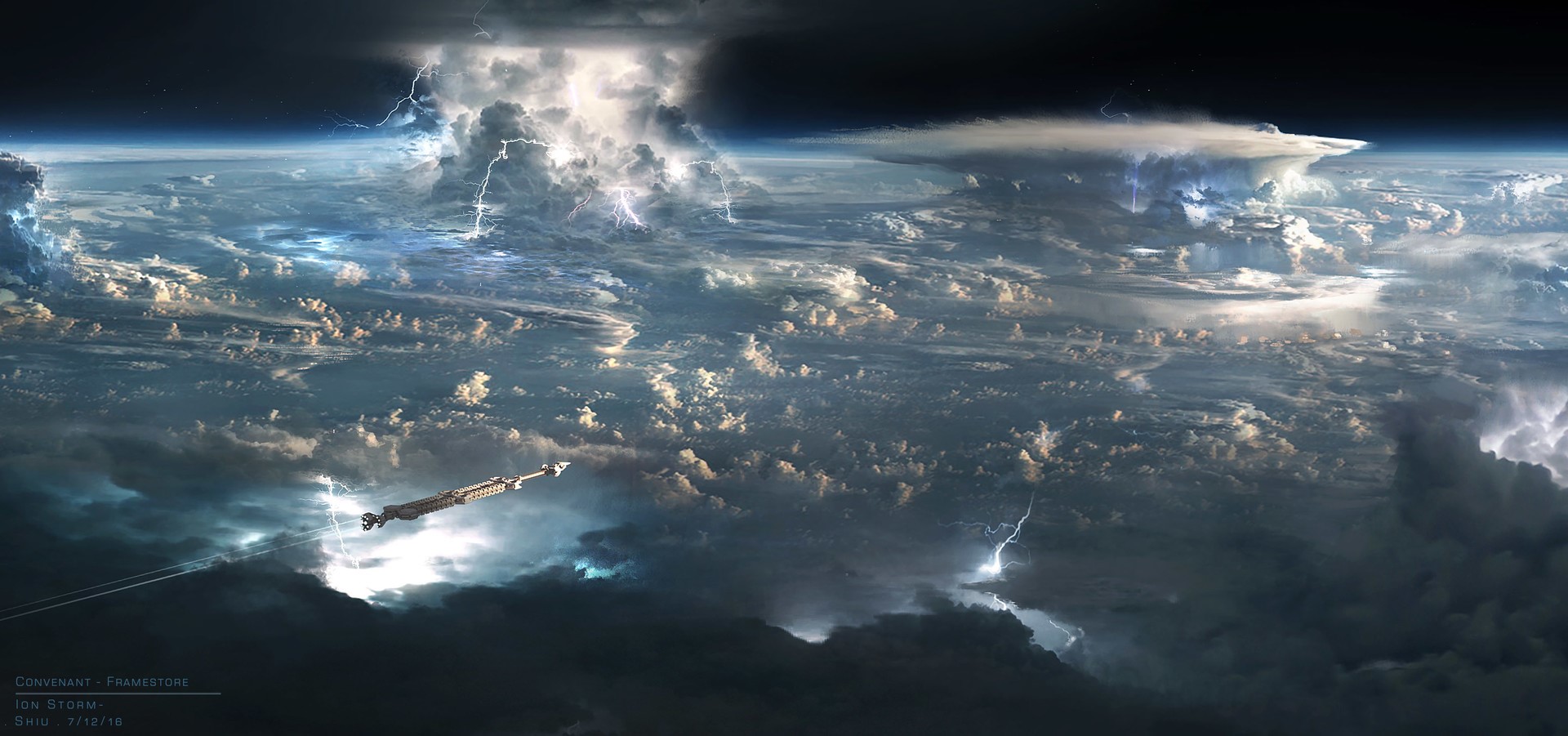 Spaceship flying through an ion storm HD Wallpaper
