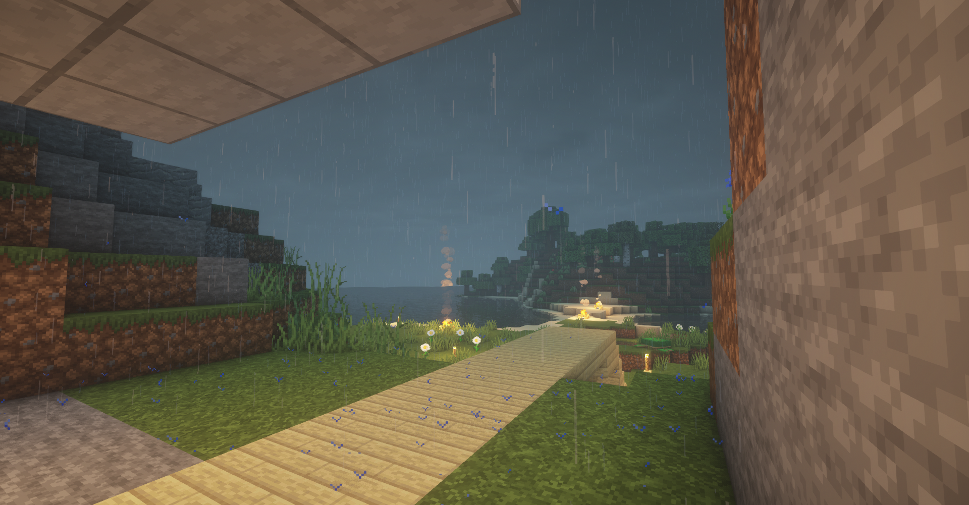 Minecraft screenshot of a rainy landscape with a path HD Wallpaper