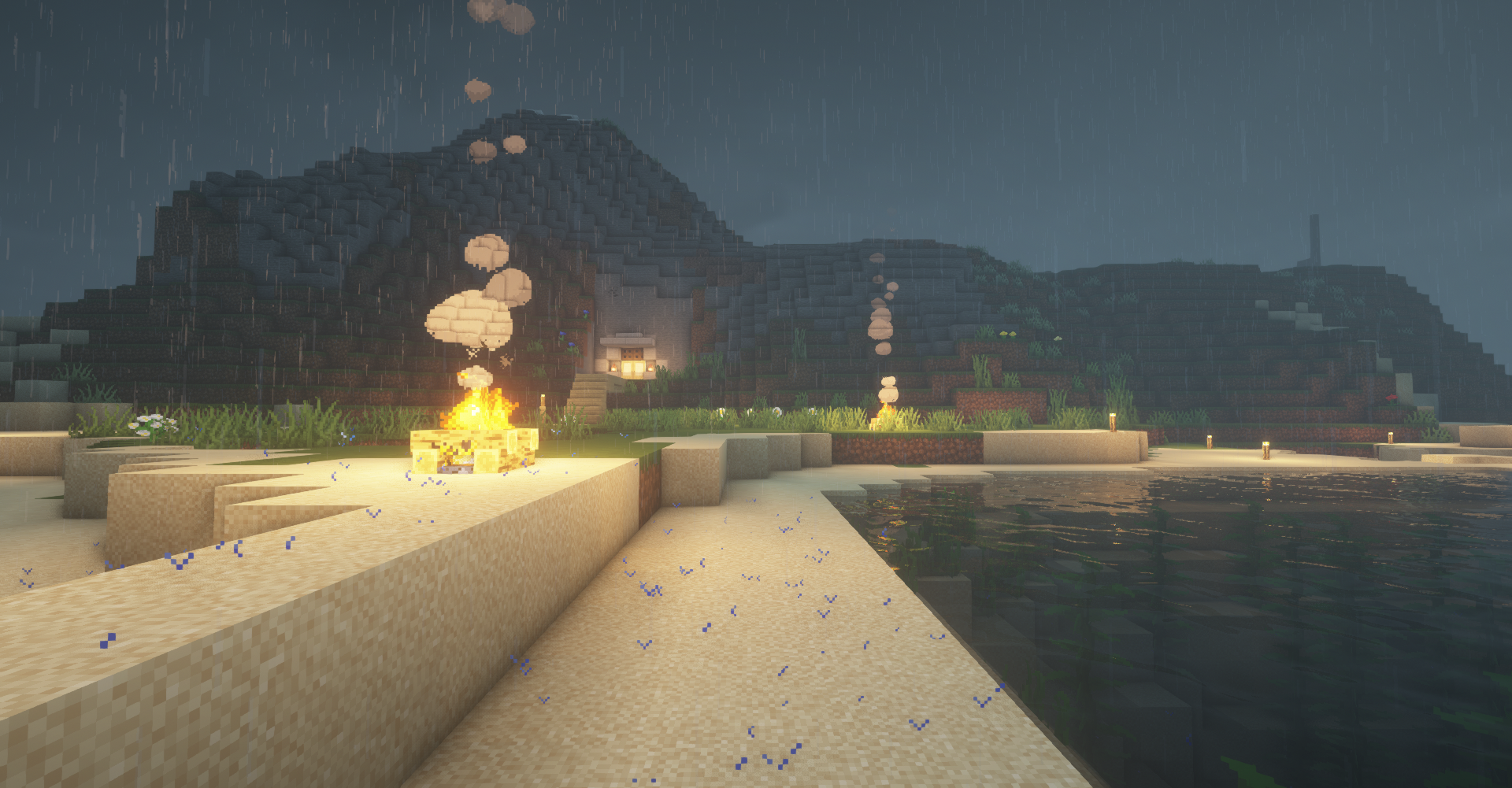 Minecraft beach with campfire and cave entrance HD Wallpaper