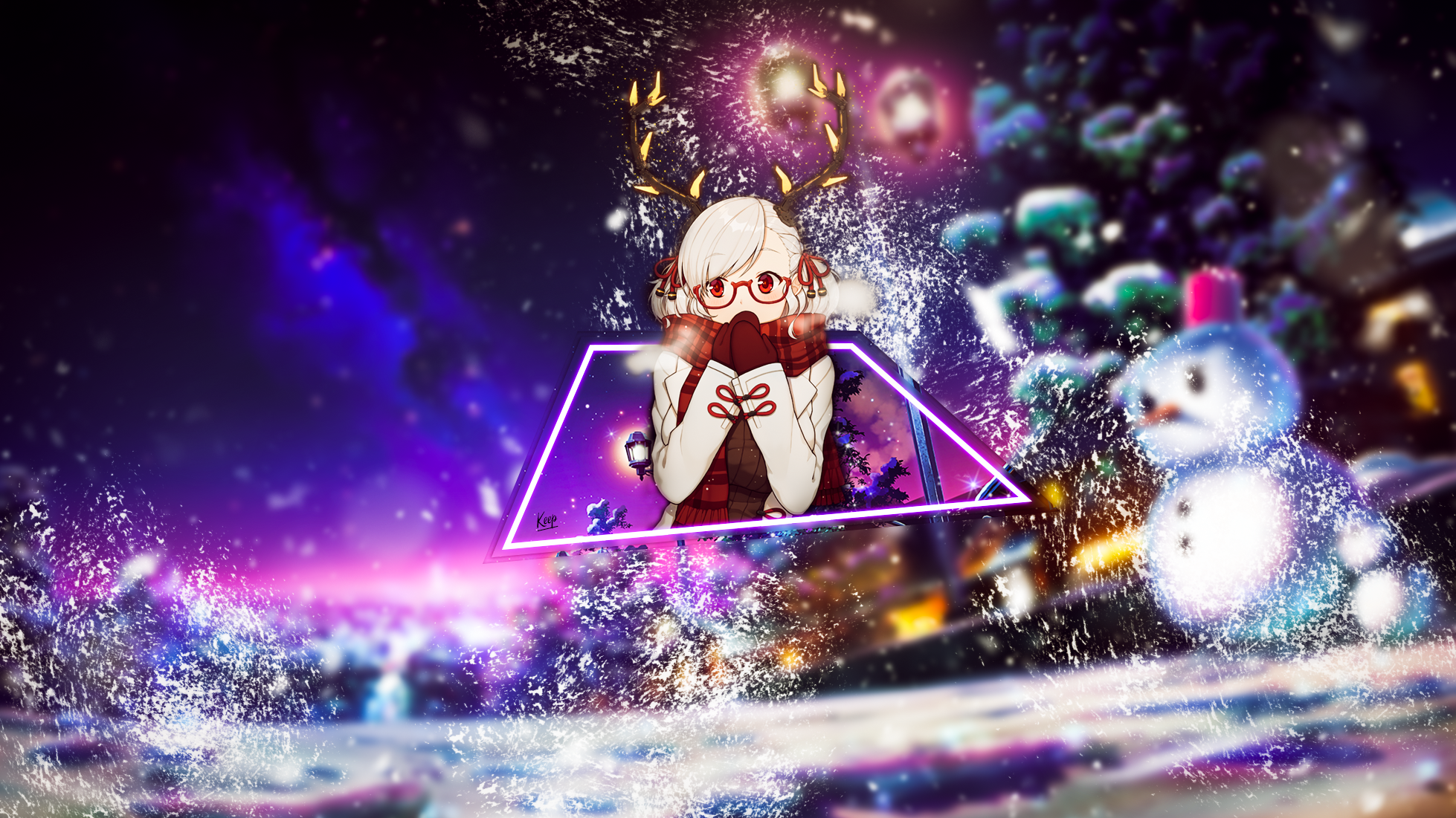 Anime girl with reindeer antlers in winter scene HD Wallpaper