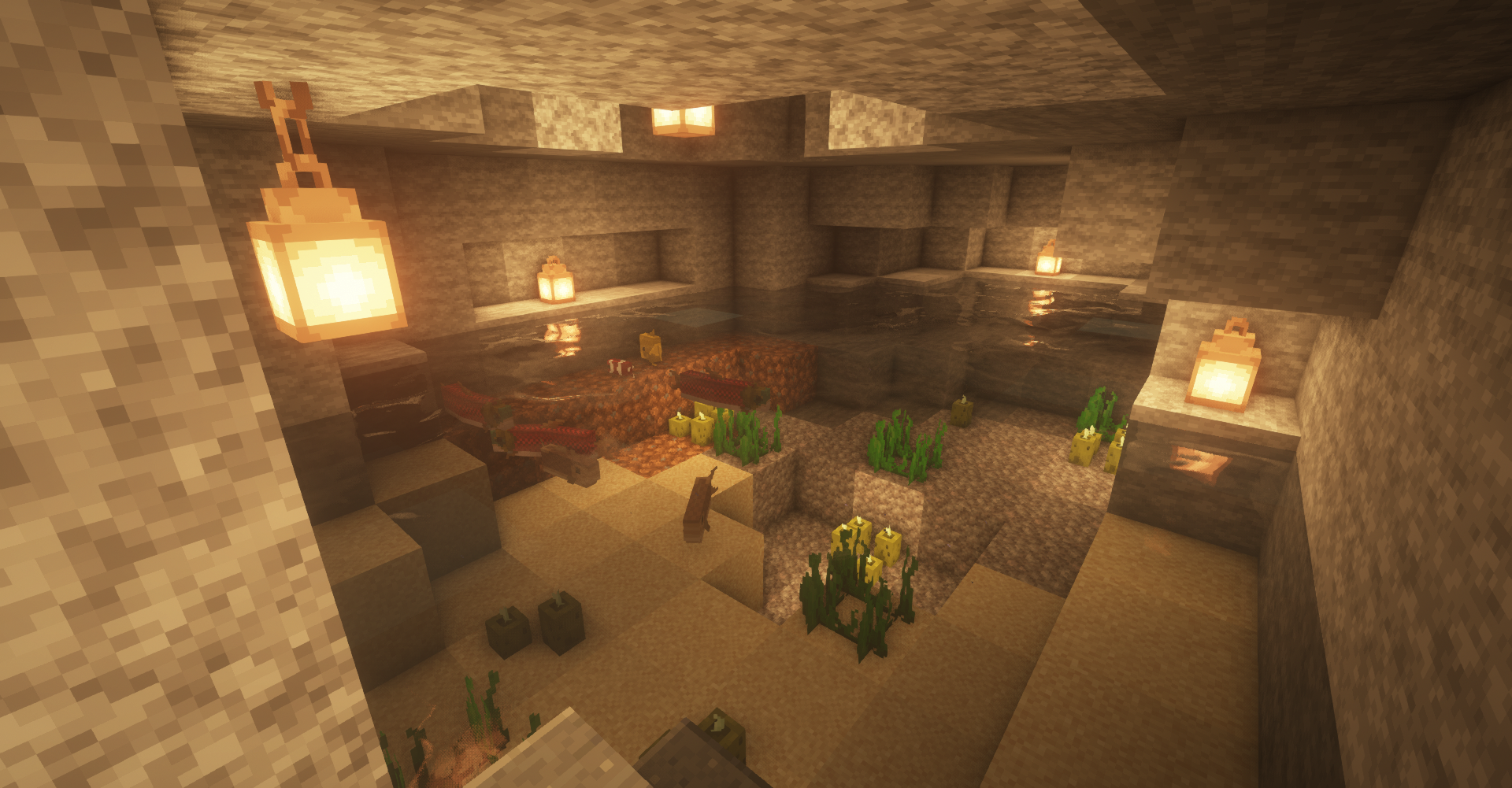 Minecraft cave with water and lanterns HD Wallpaper