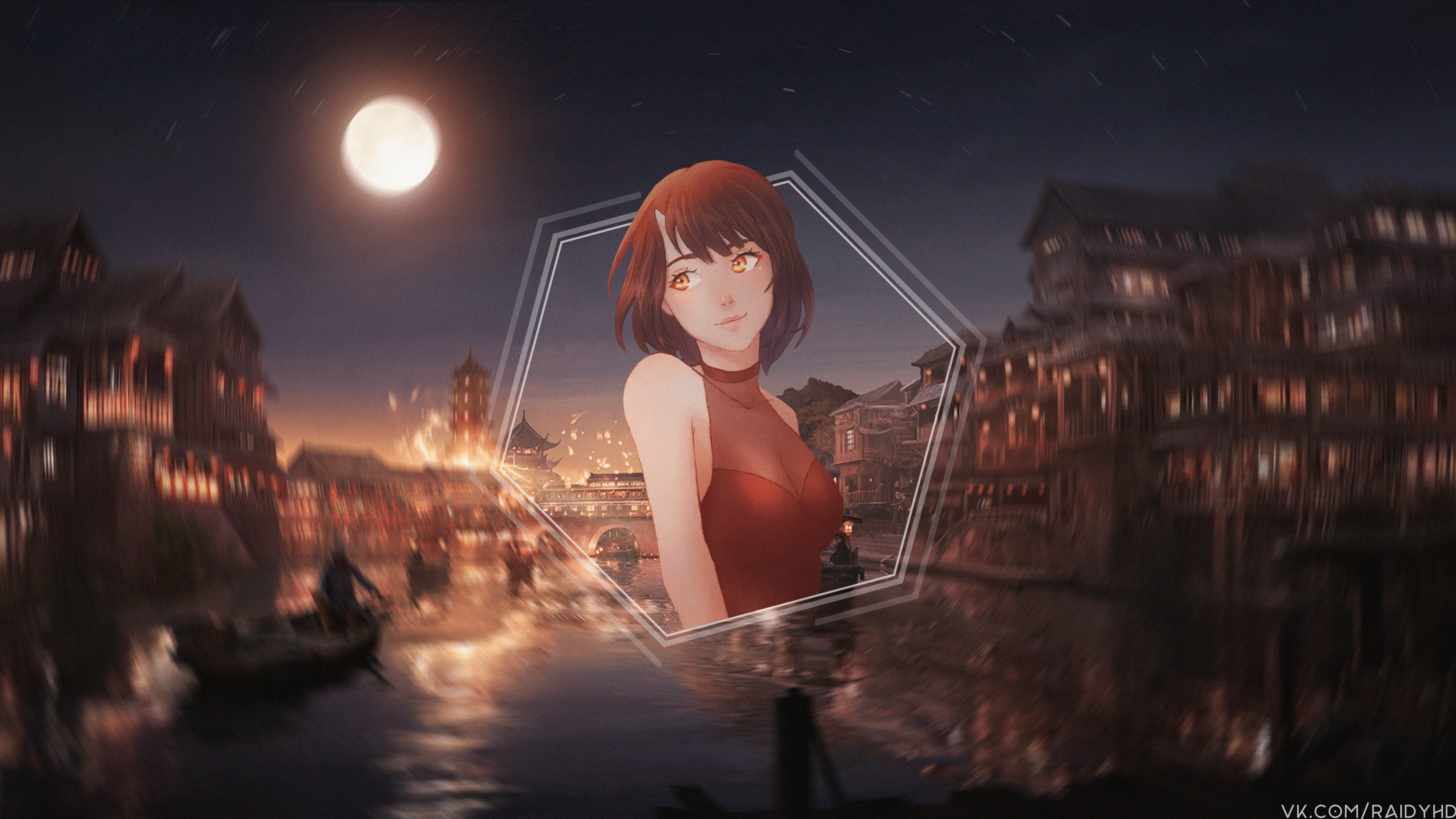 Anime girl in red dress by moonlit river HD Wallpaper