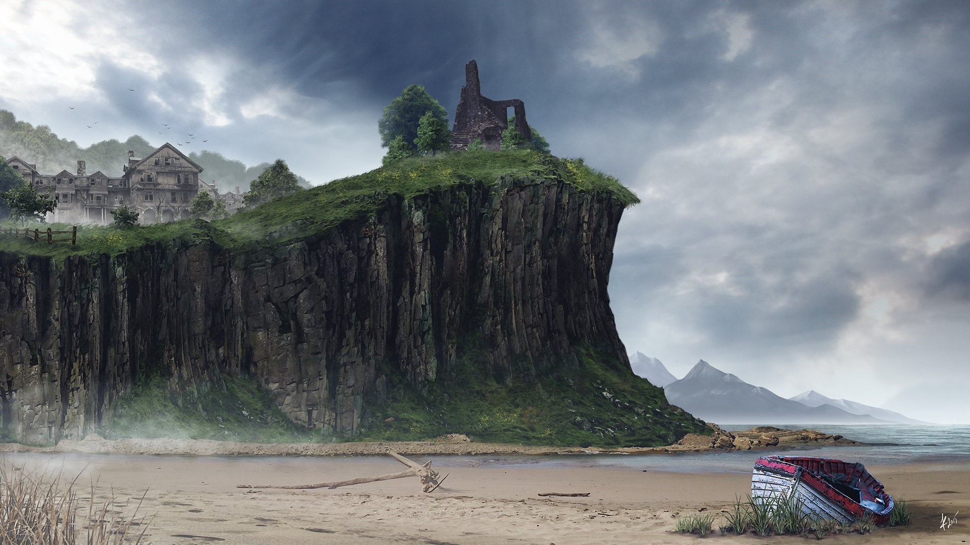 Artwork of a beach with a cliff and abandoned boat HD Wallpaper