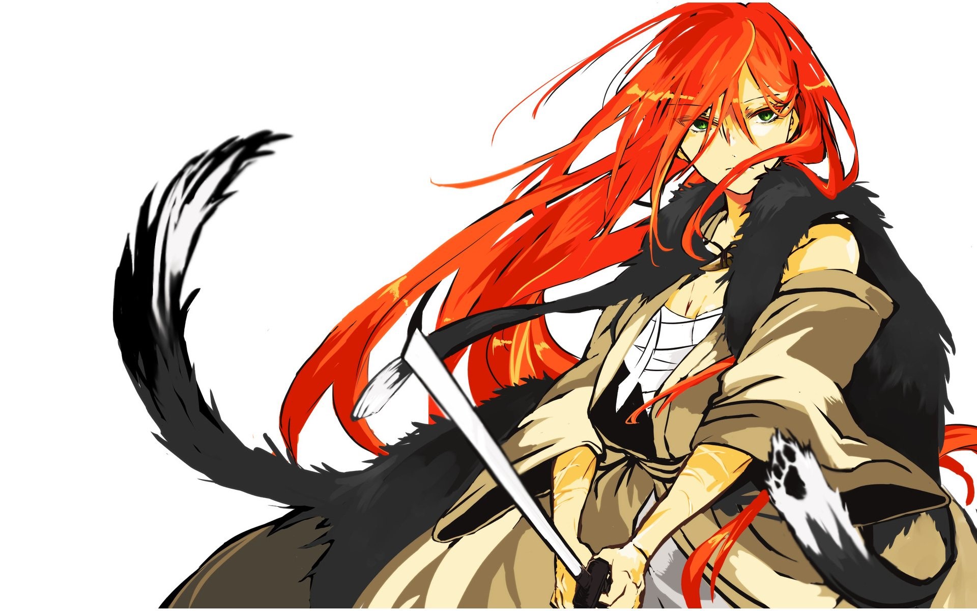 Anime girl with long red hair and katana HD Wallpaper