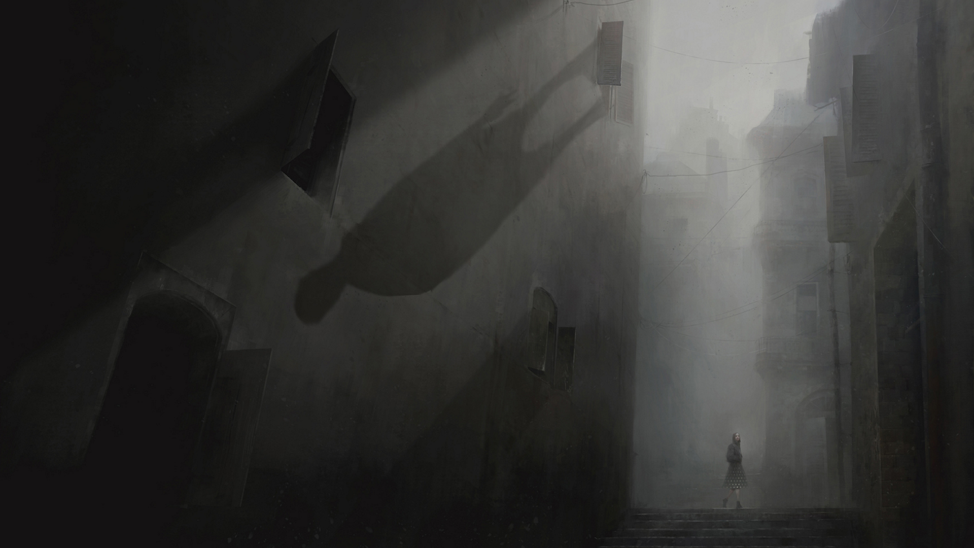 A girl and a shadow in a foggy alleyway HD Wallpaper
