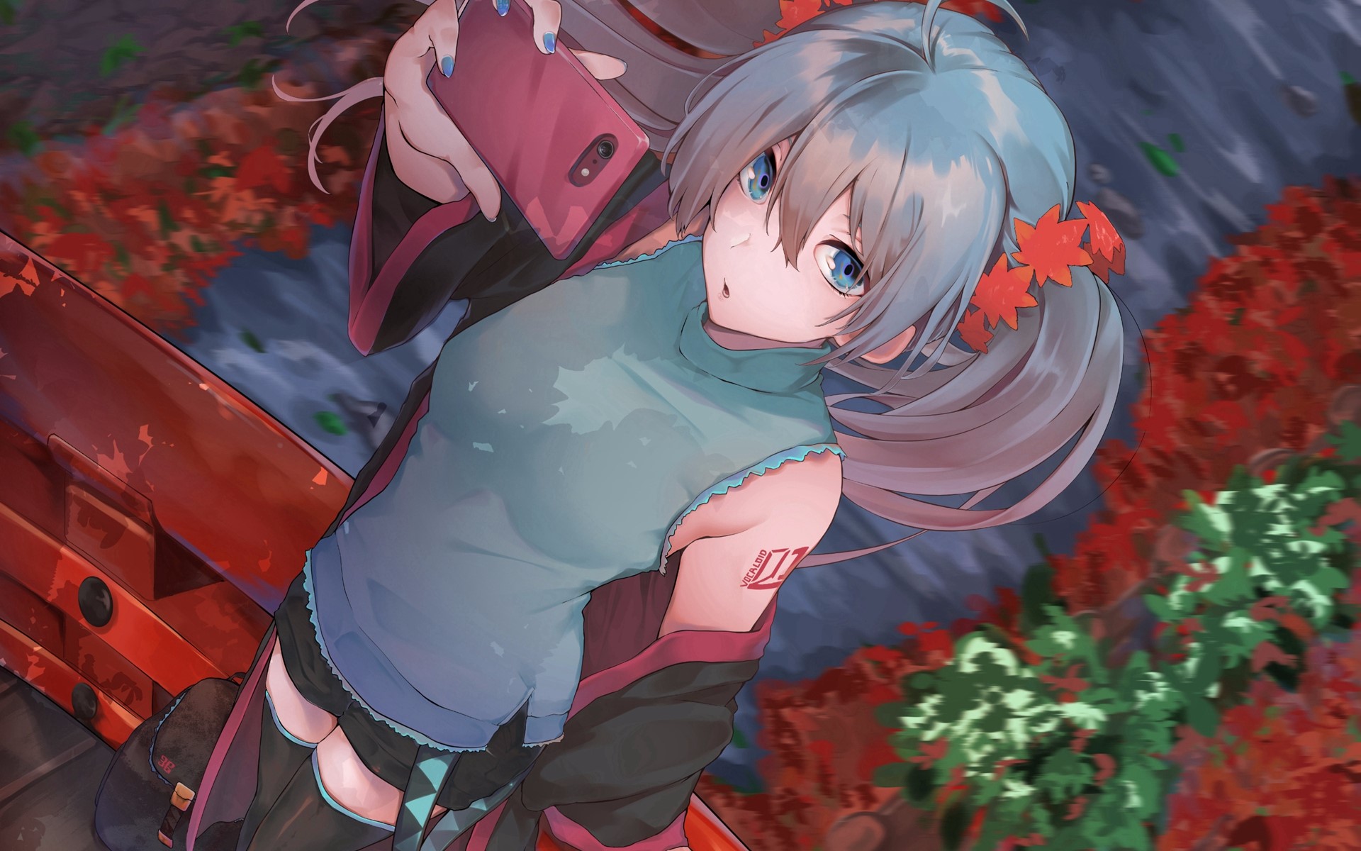 Hatsune Miku taking a selfie outdoors HD Wallpaper