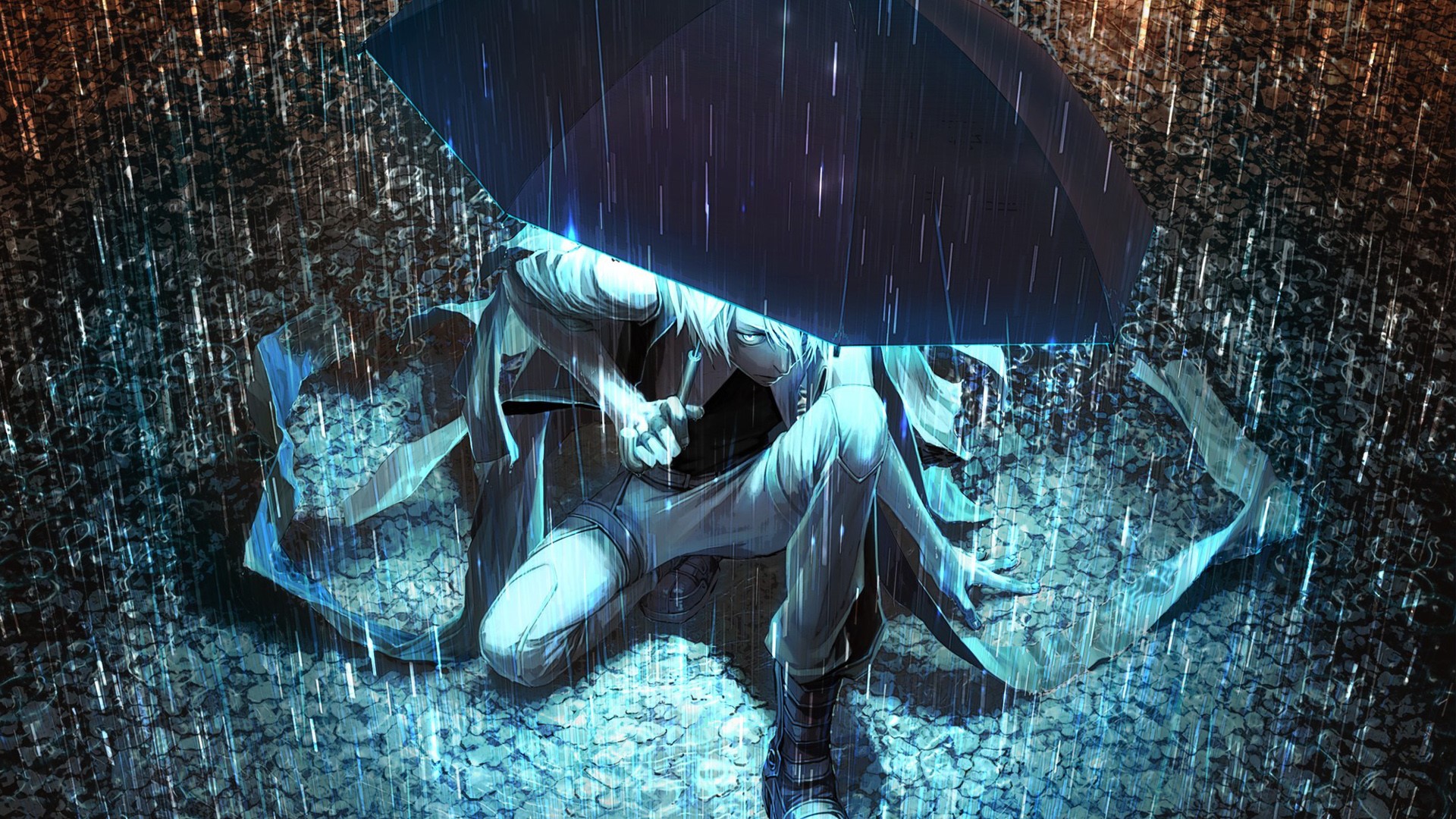 Anime character with white hair under an umbrella in the rain HD Wallpaper