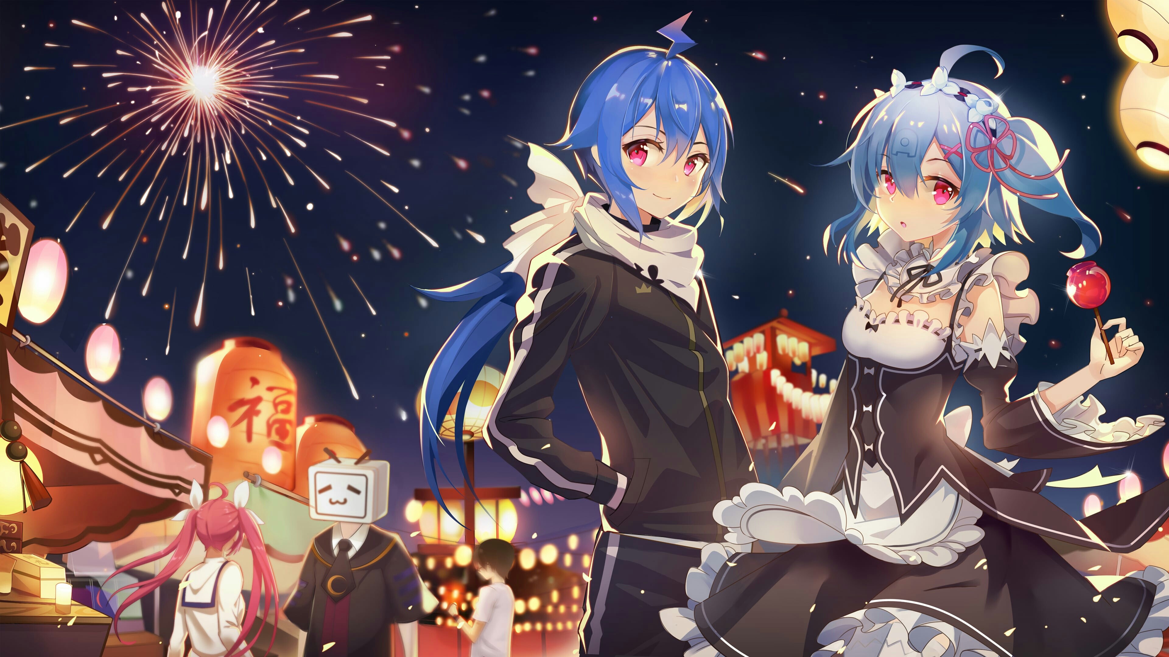 Anime characters at a festival with fireworks HD Wallpaper