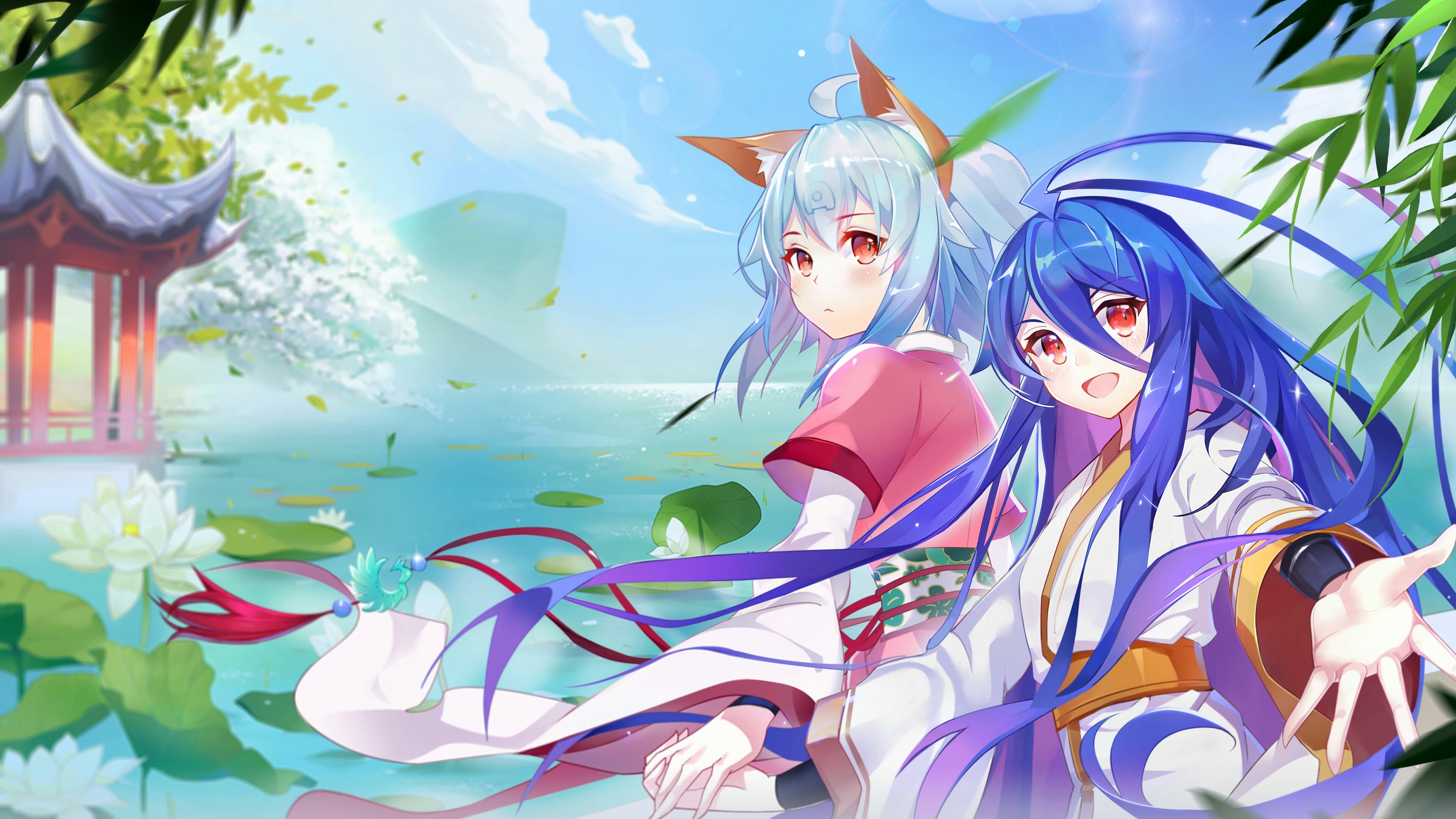 Anime girls by a pond with a pagoda HD Wallpaper