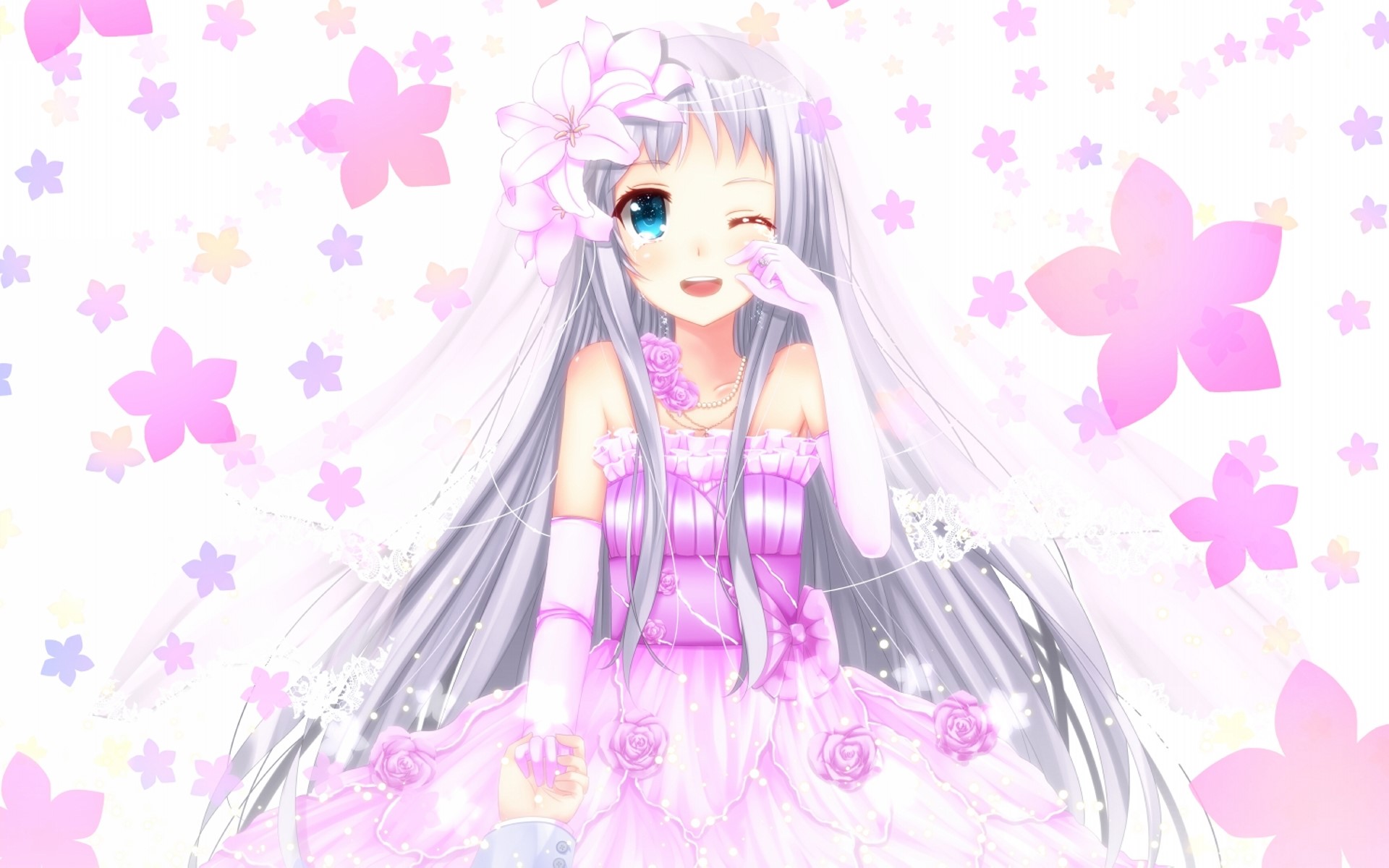 Anime girl in pink dress with flowers HD Wallpaper