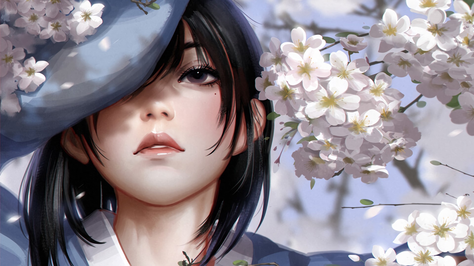 Woman in Japanese clothes with cherry blossoms HD Wallpaper