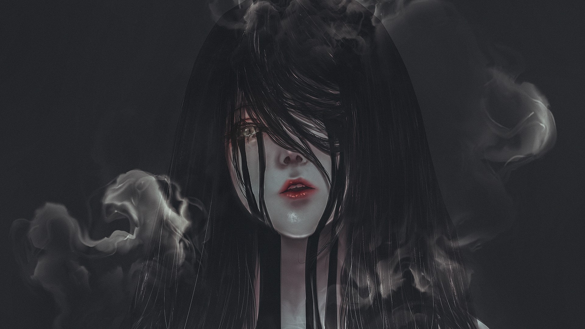 Woman with black hair and red lipstick surrounded by smoke HD Wallpaper