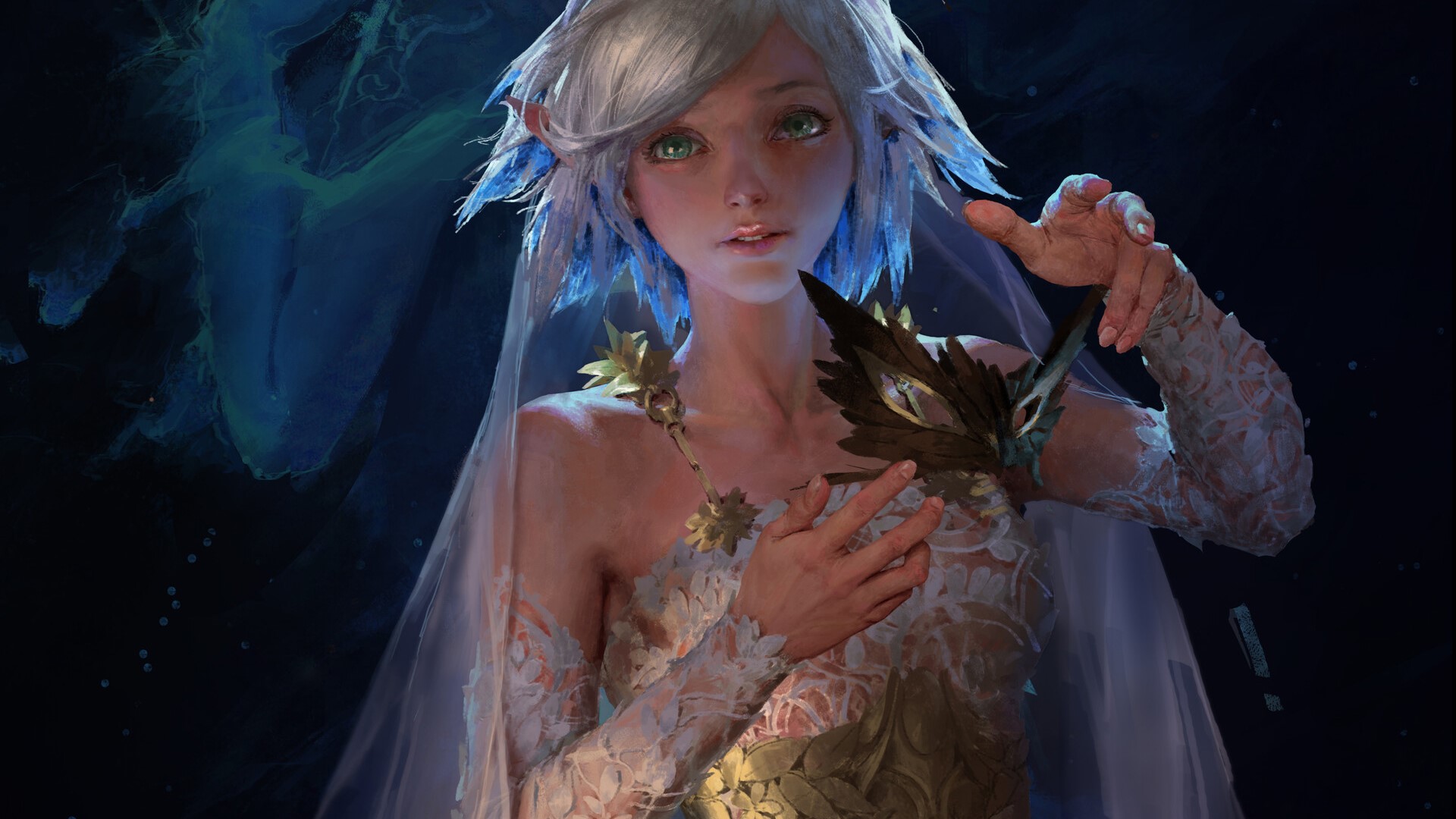 Woman with blue hair and mask in fantasy art HD Wallpaper