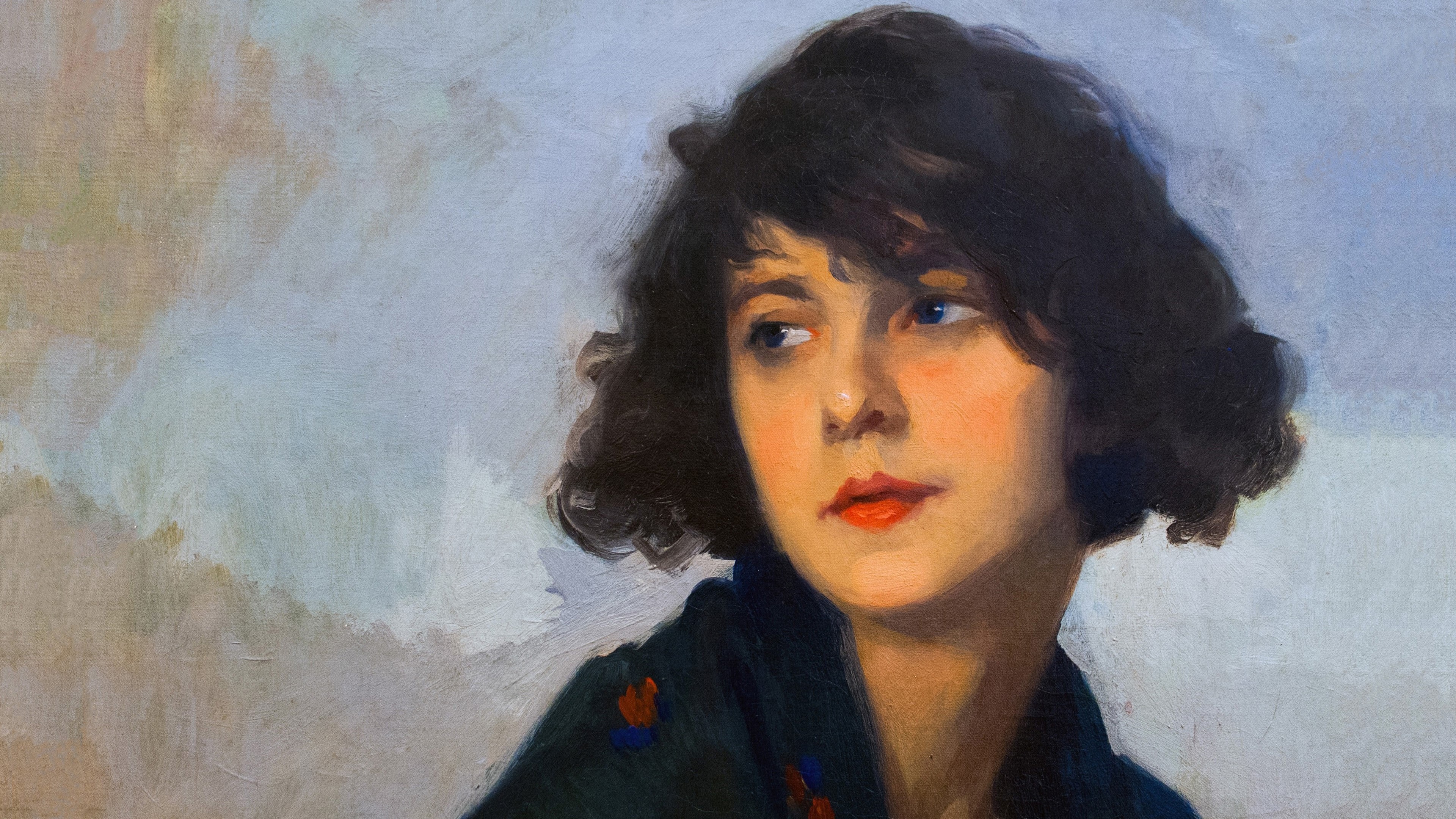 Painting of a woman with blue eyes and dark hair HD Wallpaper