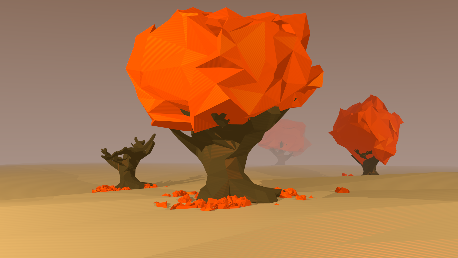 Low poly trees with orange leaves in fall HD Wallpaper