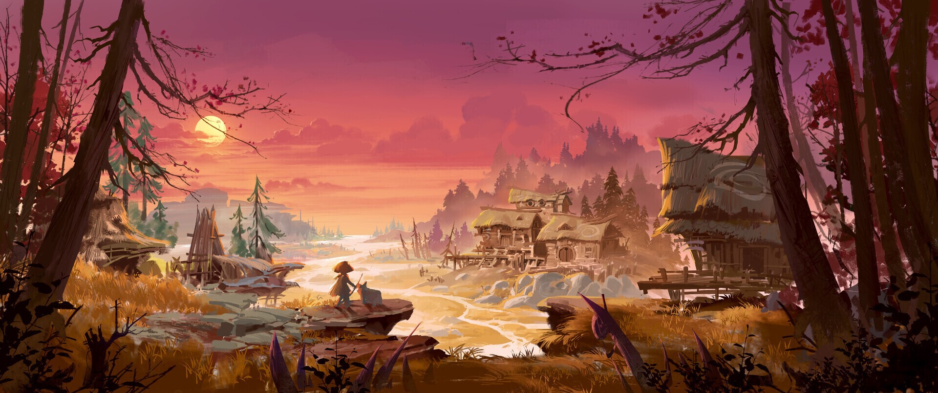 Digital art of a village at sunset with trees and a river HD Wallpaper
