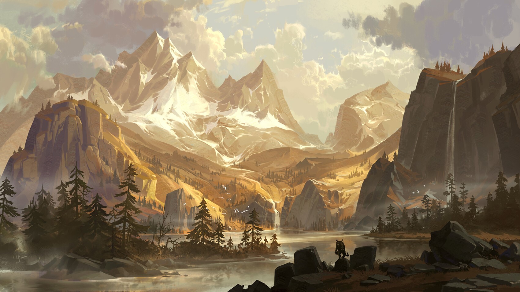 Creature in a mountainous landscape with a lake and waterfall HD Wallpaper