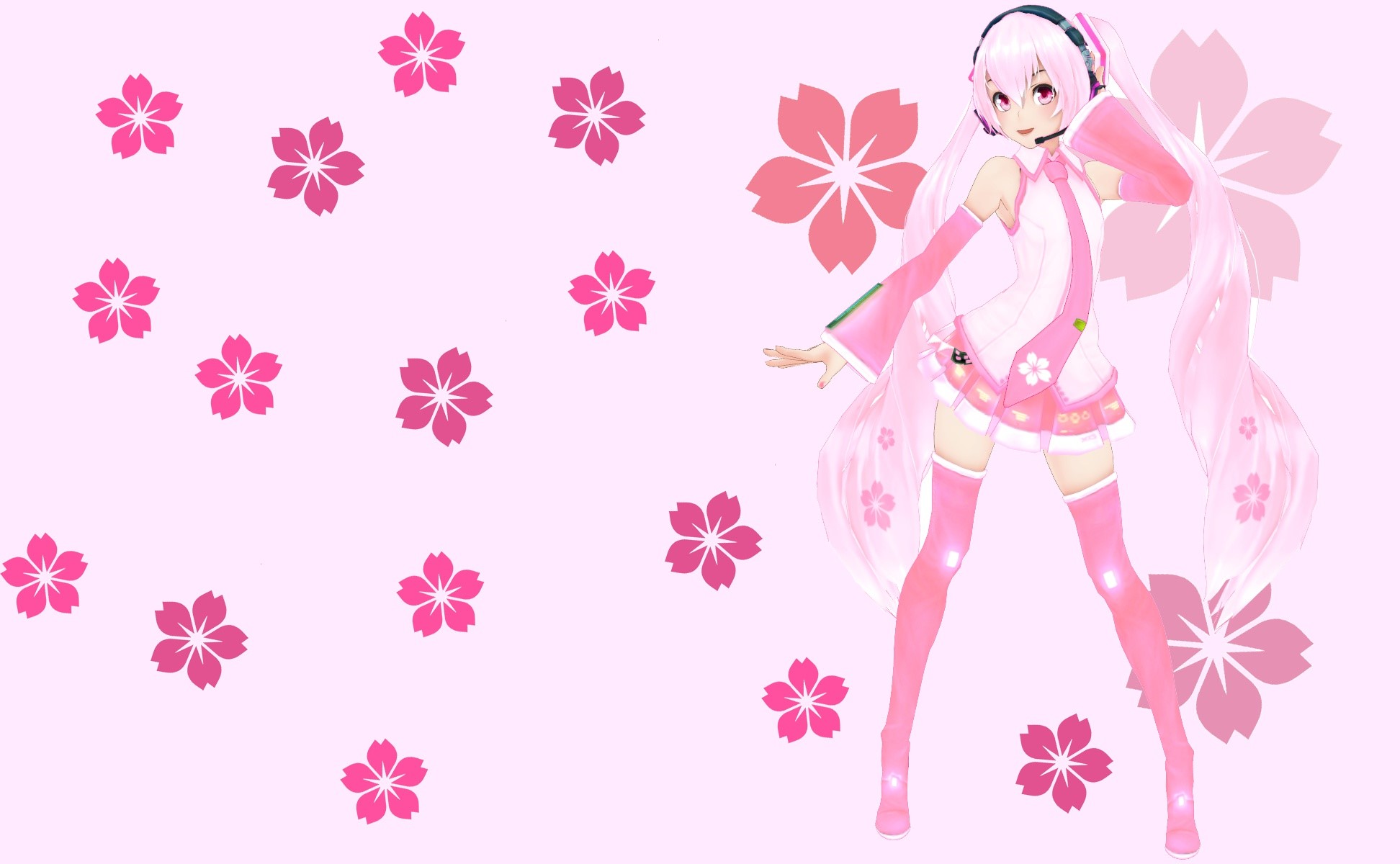 Hatsune Miku with pink cherry blossoms HD Wallpaper
