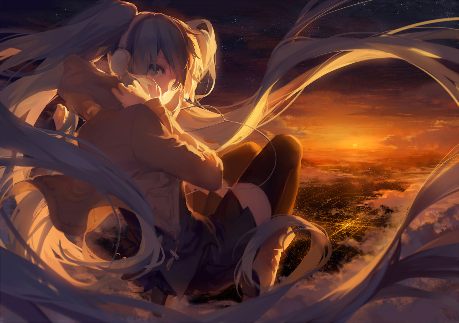 Hatsune Miku floating over a city at sunset HD Wallpaper
