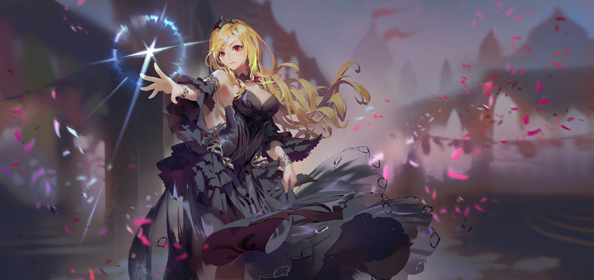 Anime girl with blond hair in a black dress casting magic HD Wallpaper