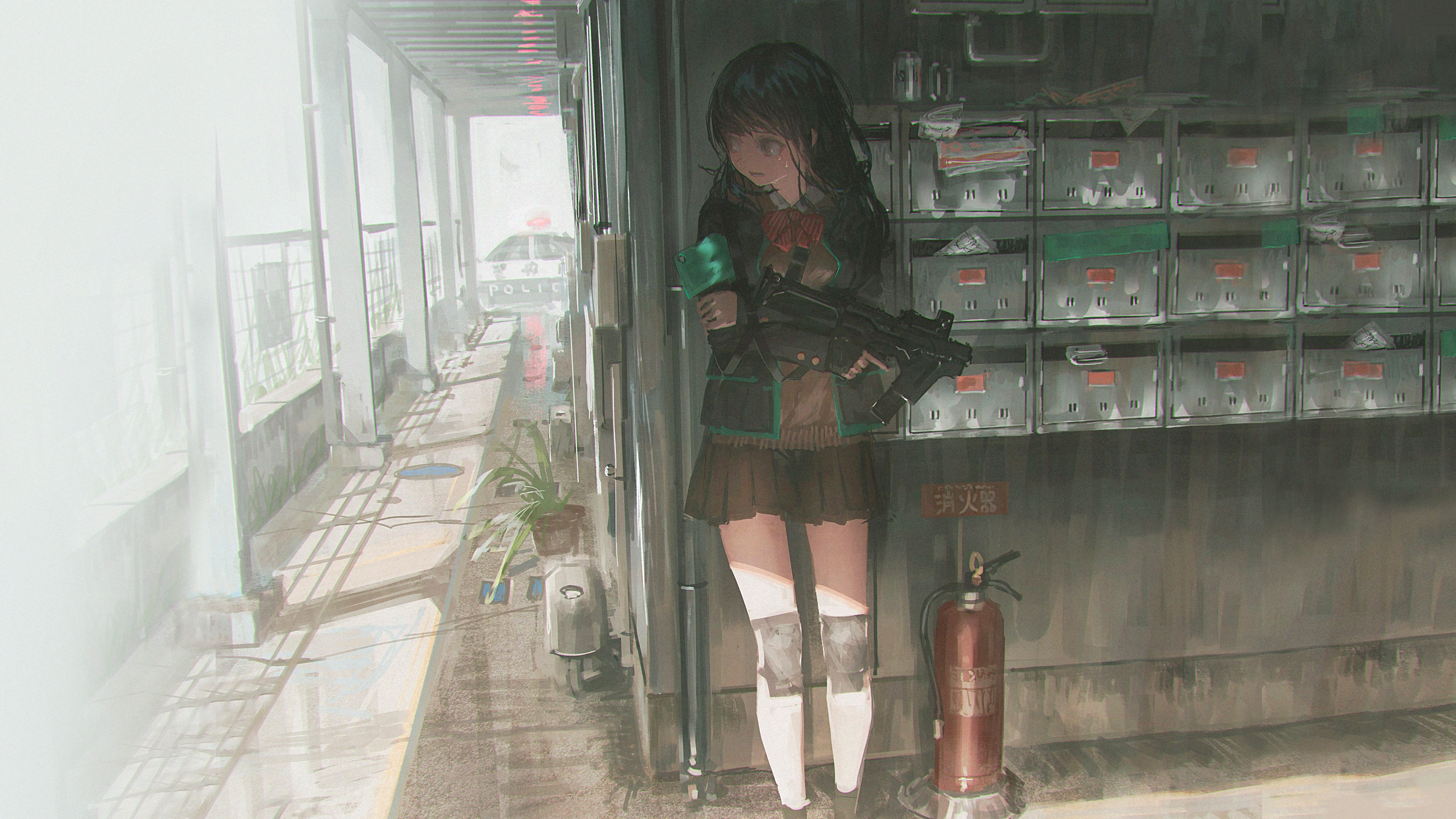 Anime schoolgirl with a gun in a hallway HD Wallpaper