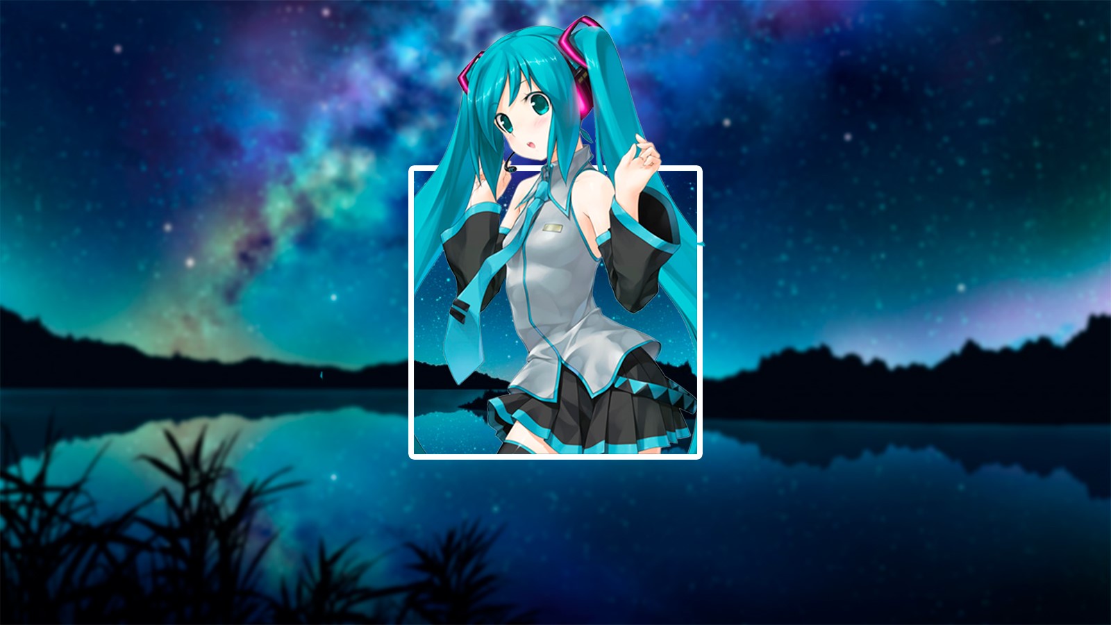 Hatsune Miku from Vocaloid in front of a starry night sky HD Wallpaper