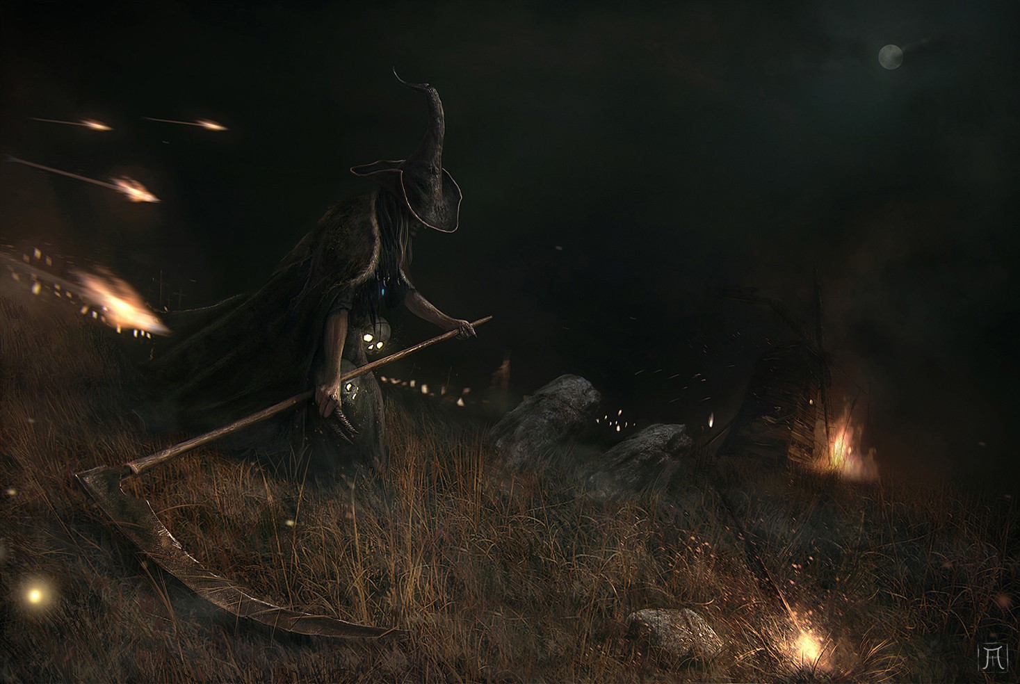 Dark fantasy witch with scythe by Igor Krstic HD Wallpaper