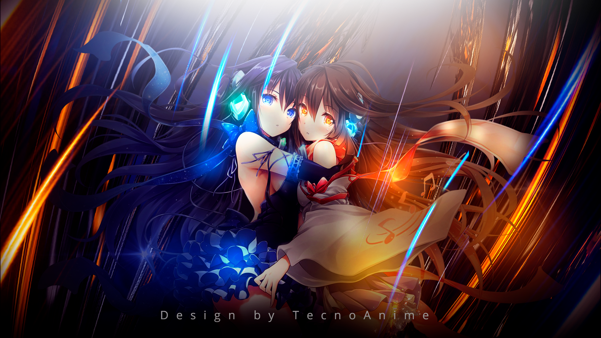 Two anime girls with glowing headphones HD Wallpaper