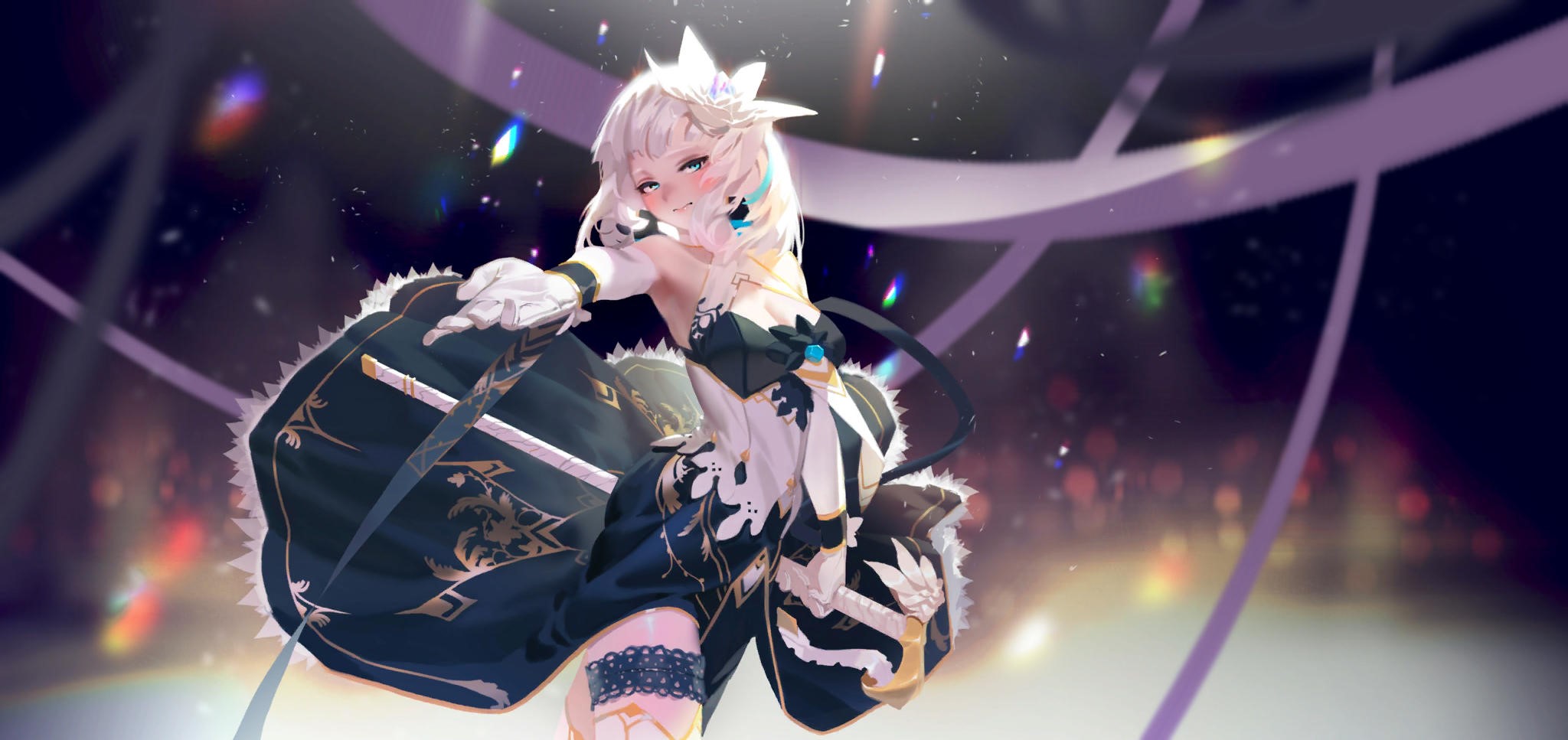 Anime girl with white hair in a gown HD Wallpaper