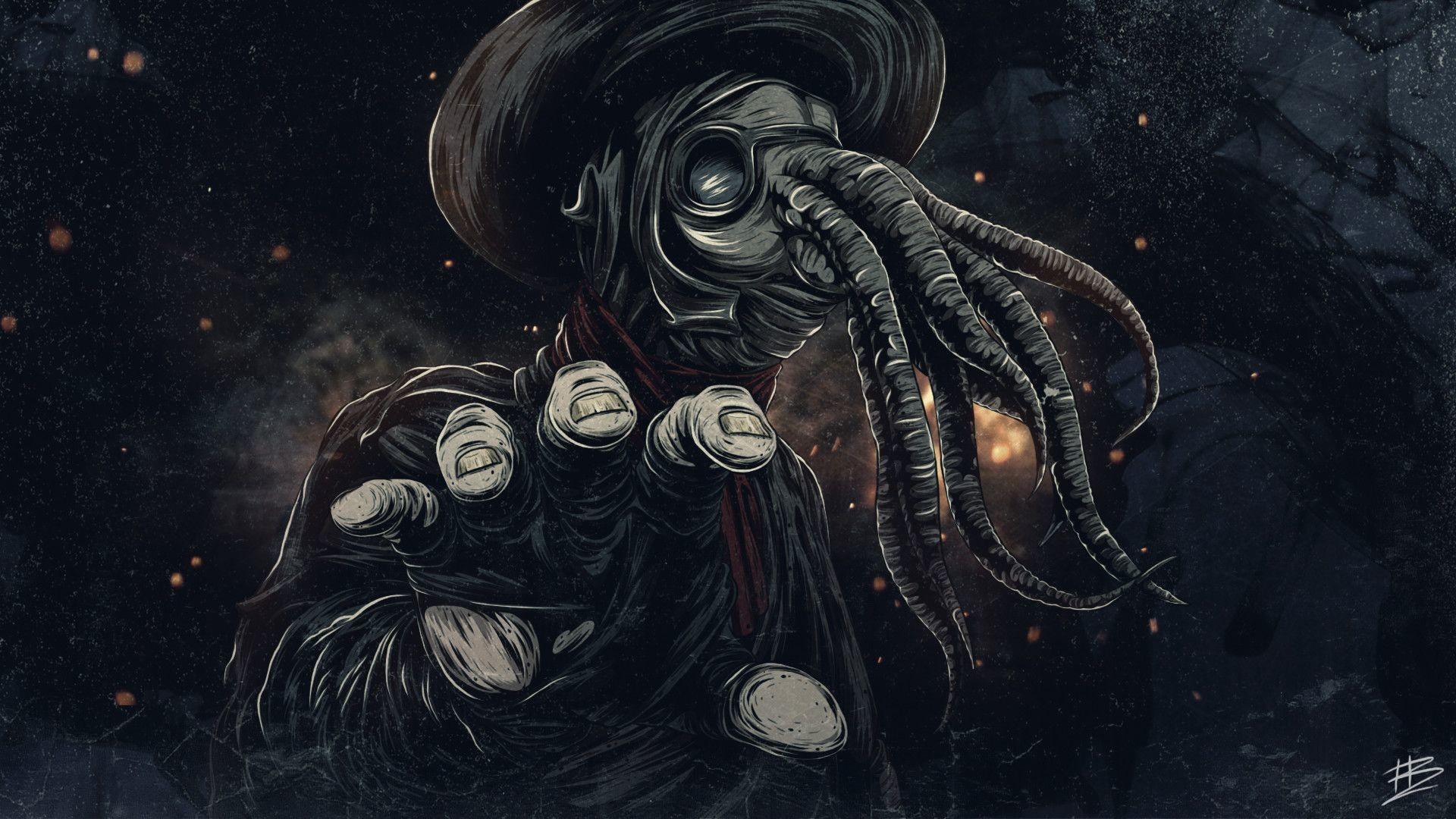 Cthulhu creature with tentacles and plague doctor mask HD Wallpaper