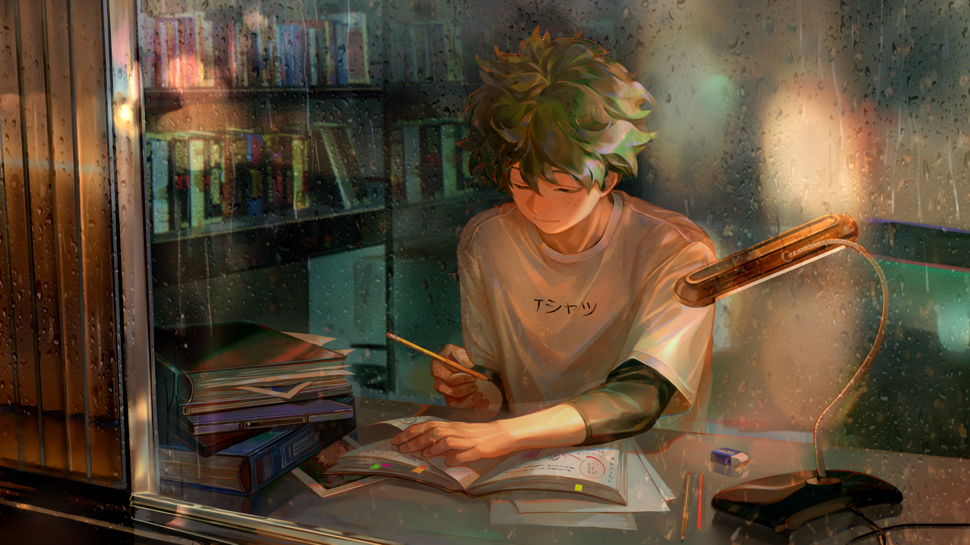 Izuku Midoriya from Boku no Hero Academia studying by a window on a rainy day HD Wallpaper
