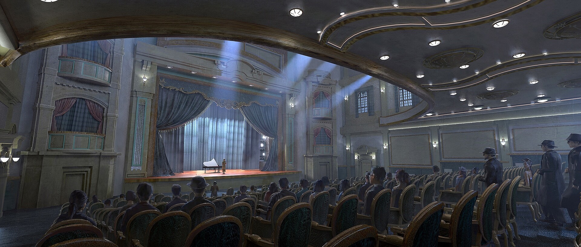 Theater with audience and stage with piano HD Wallpaper