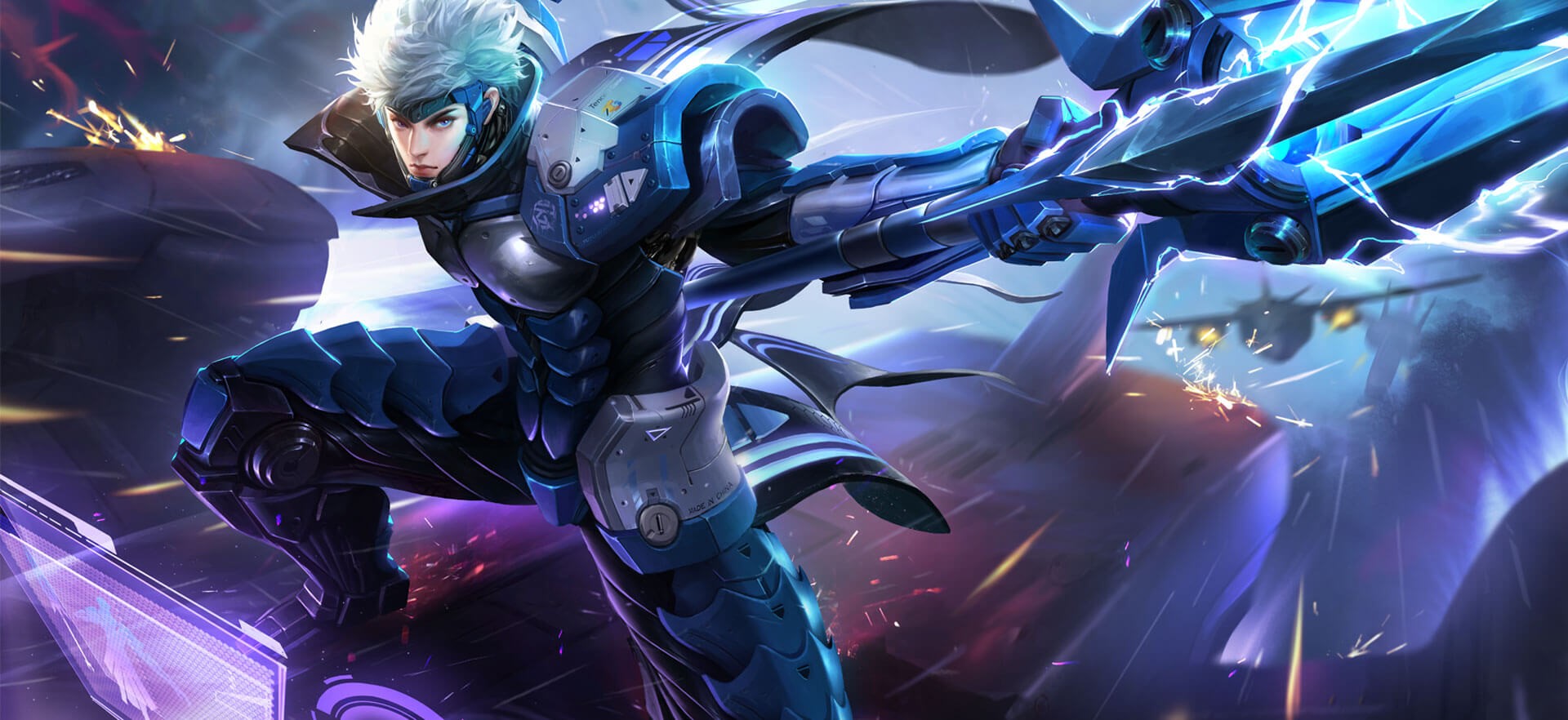 Anime warrior in futuristic blue armor with a lightning weapon HD Wallpaper