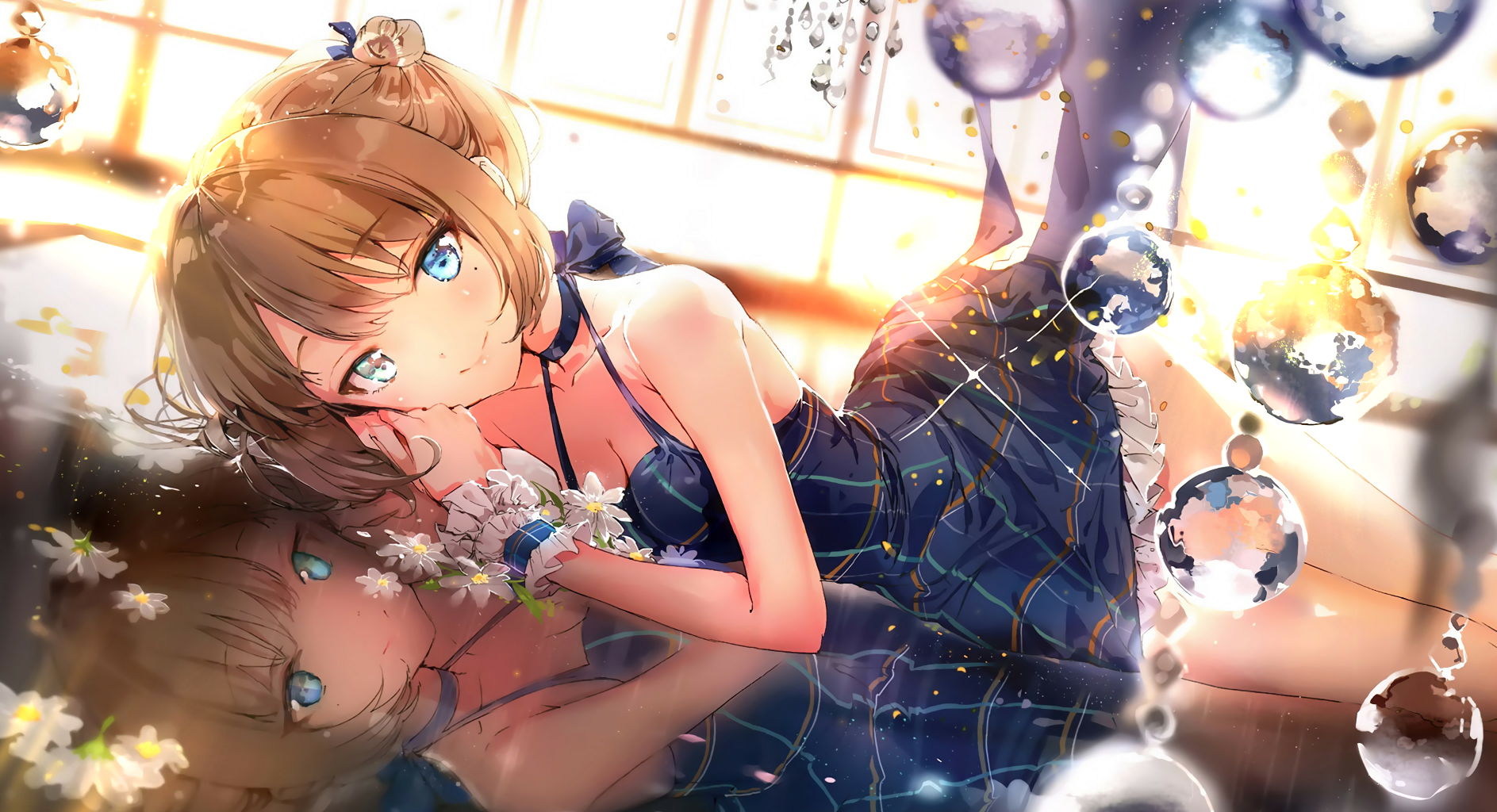 Anime girl in blue dress with flowers and reflection HD Wallpaper