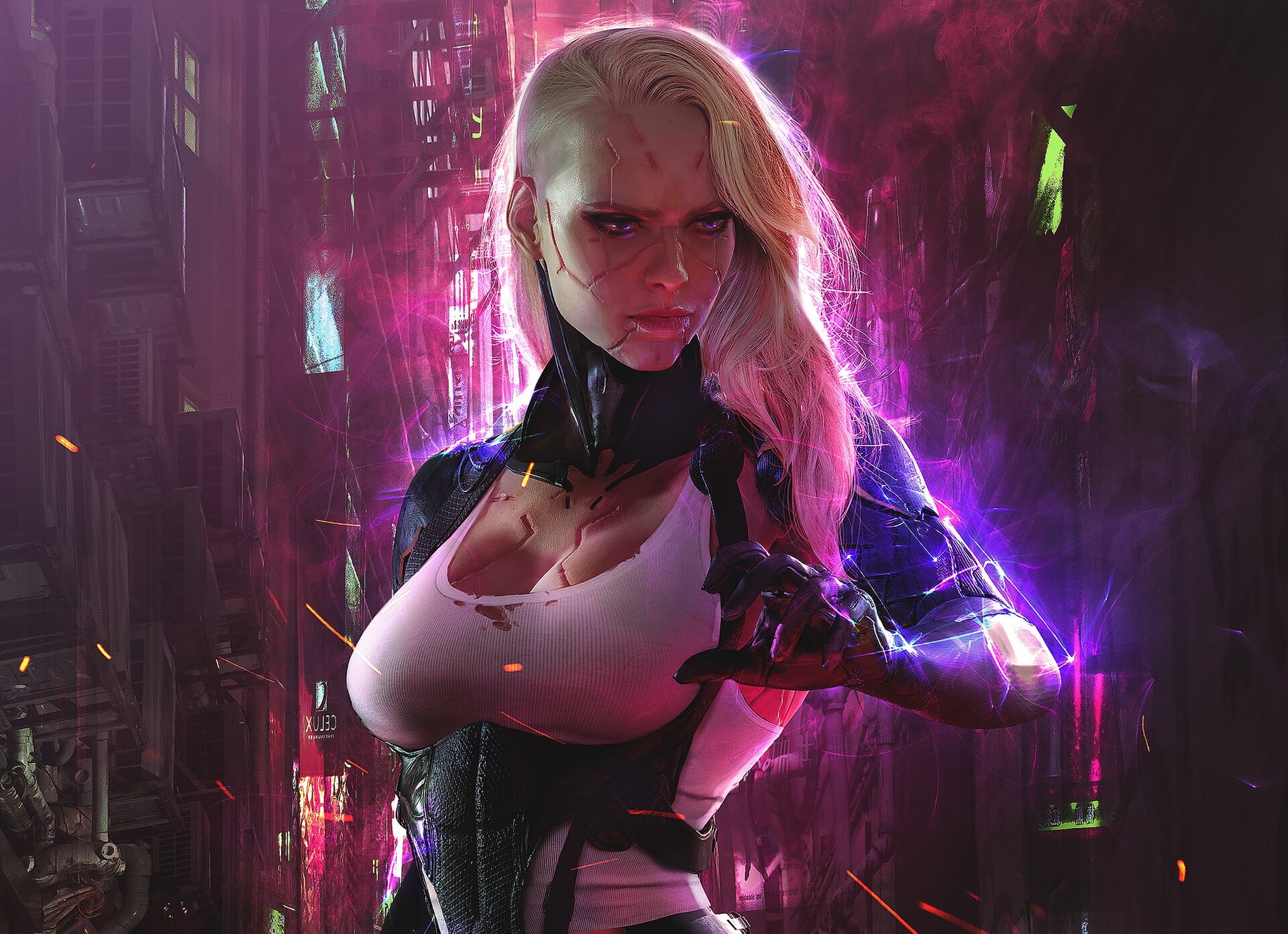 Cyberpunk cyborg woman with blonde hair and purple eyes HD Wallpaper