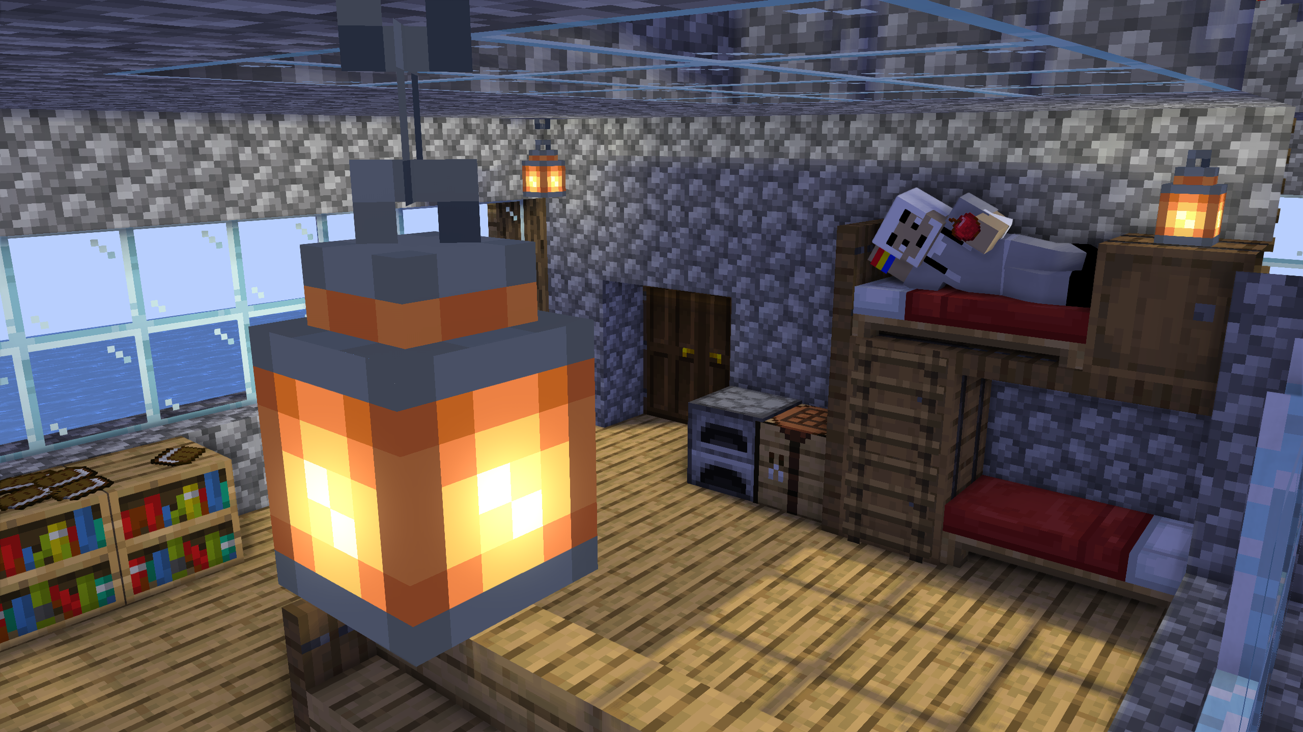 Minecraft interior with bunk beds and a character HD Wallpaper
