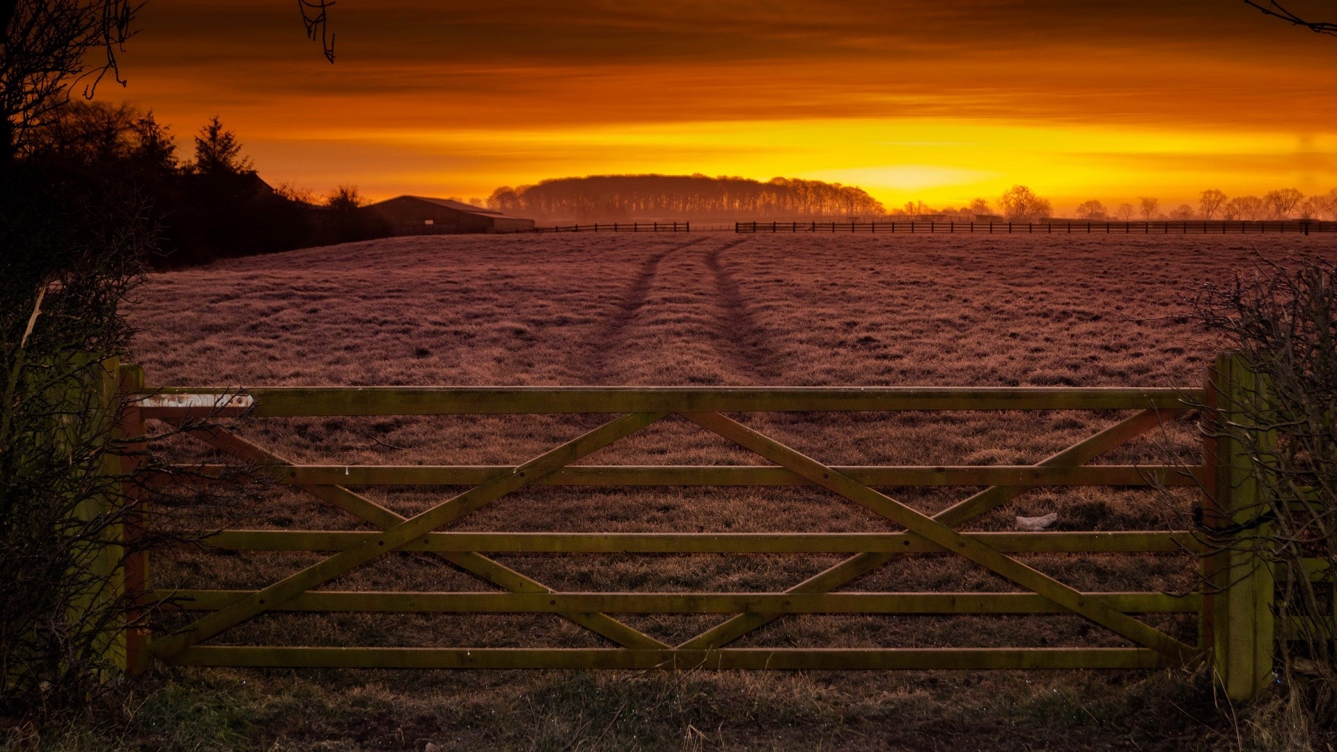 Wooden gate in a field at sunset HD Wallpaper