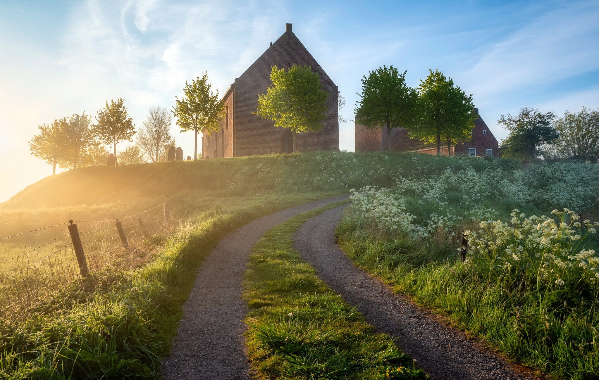 Church on a hill with a dirt road in the Netherlands HD Wallpaper