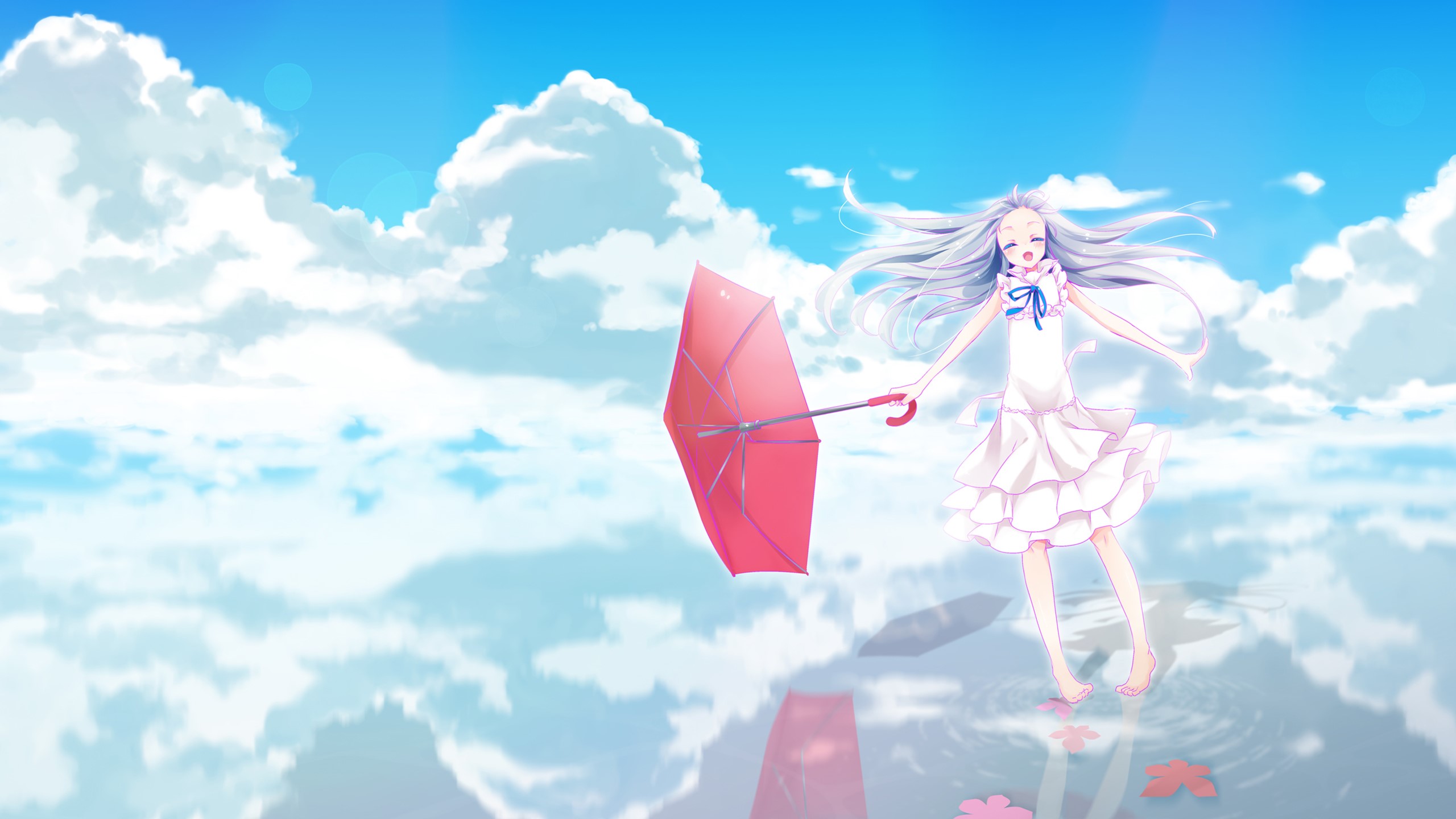 Menma Honma Meiko with a red umbrella in the sky HD Wallpaper