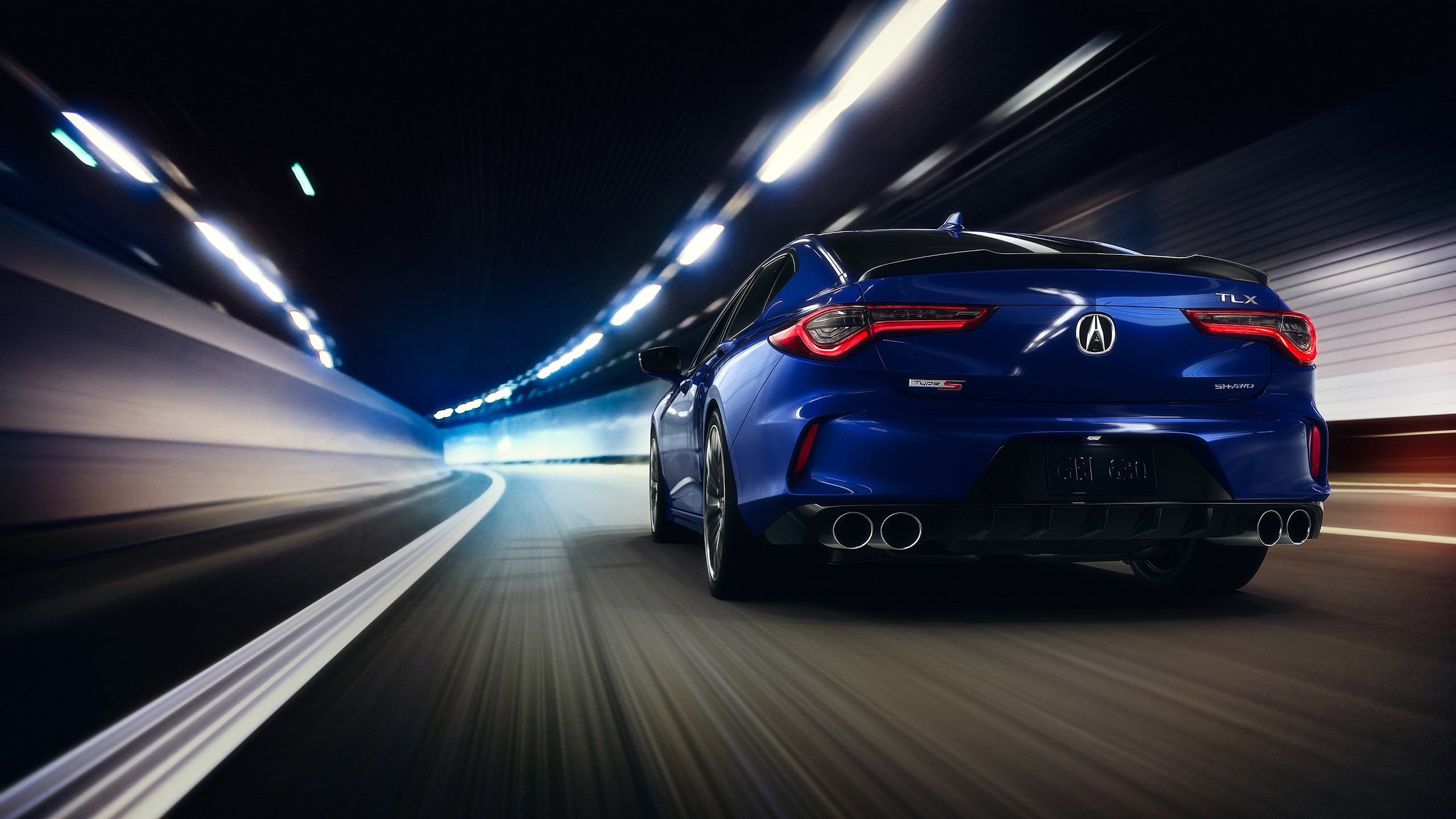 Blue Acura TLX driving through a tunnel HD Wallpaper