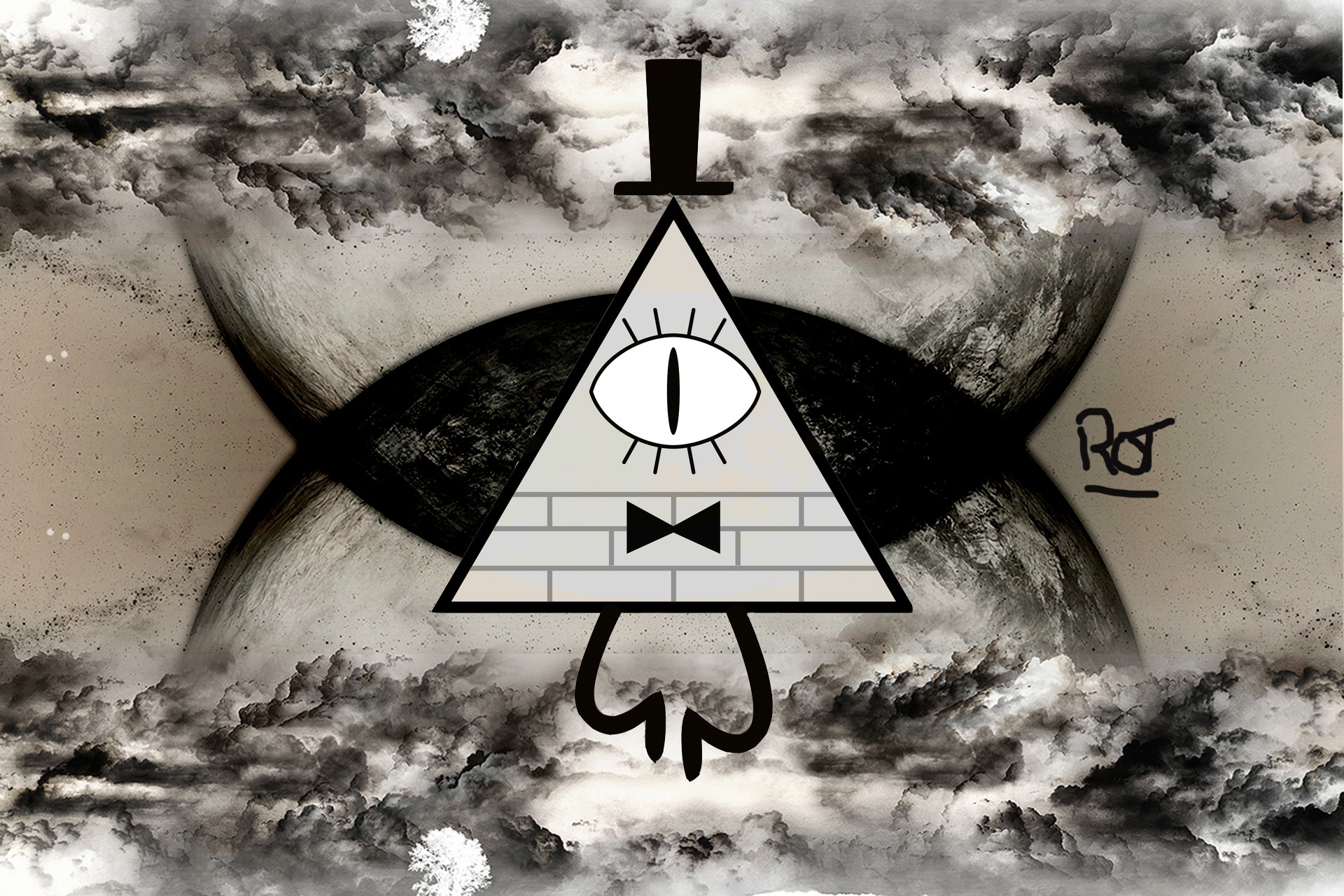 Bill Cipher from Gravity Falls in a monochrome scene HD Wallpaper