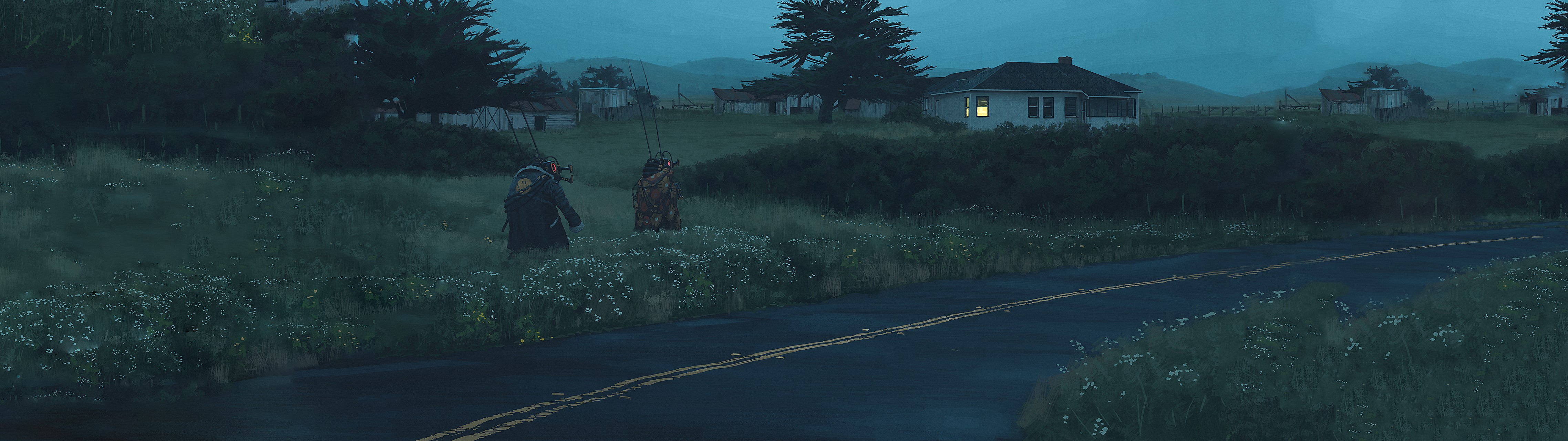 Tales From The Loop artwork with two figures by a road HD Wallpaper
