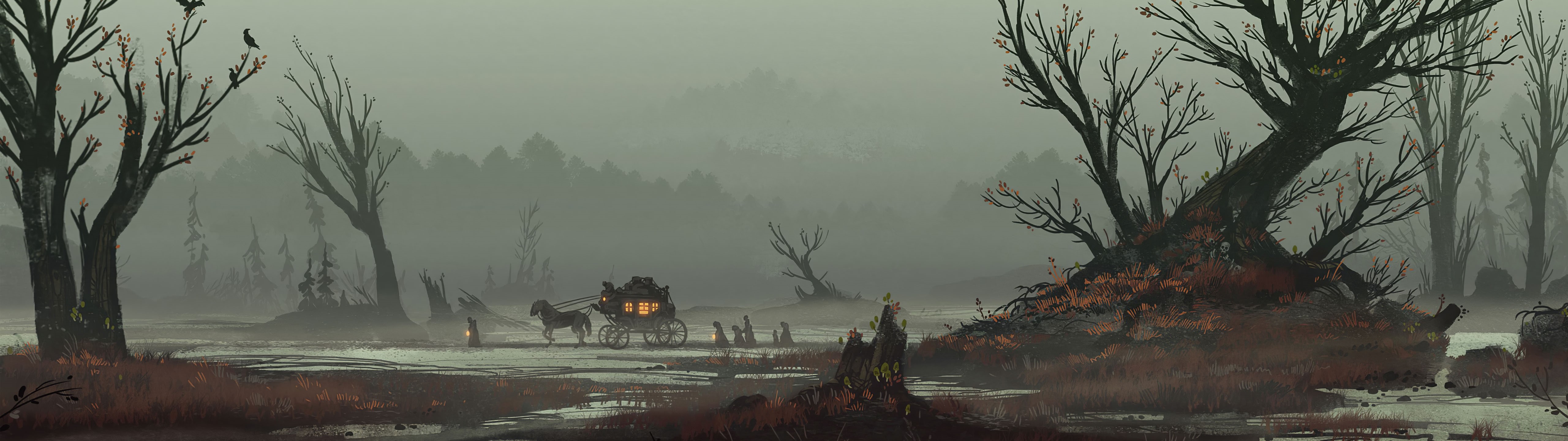 4K Ultrawide Artwork of a Carriage in a Misty Swamp HD Wallpaper