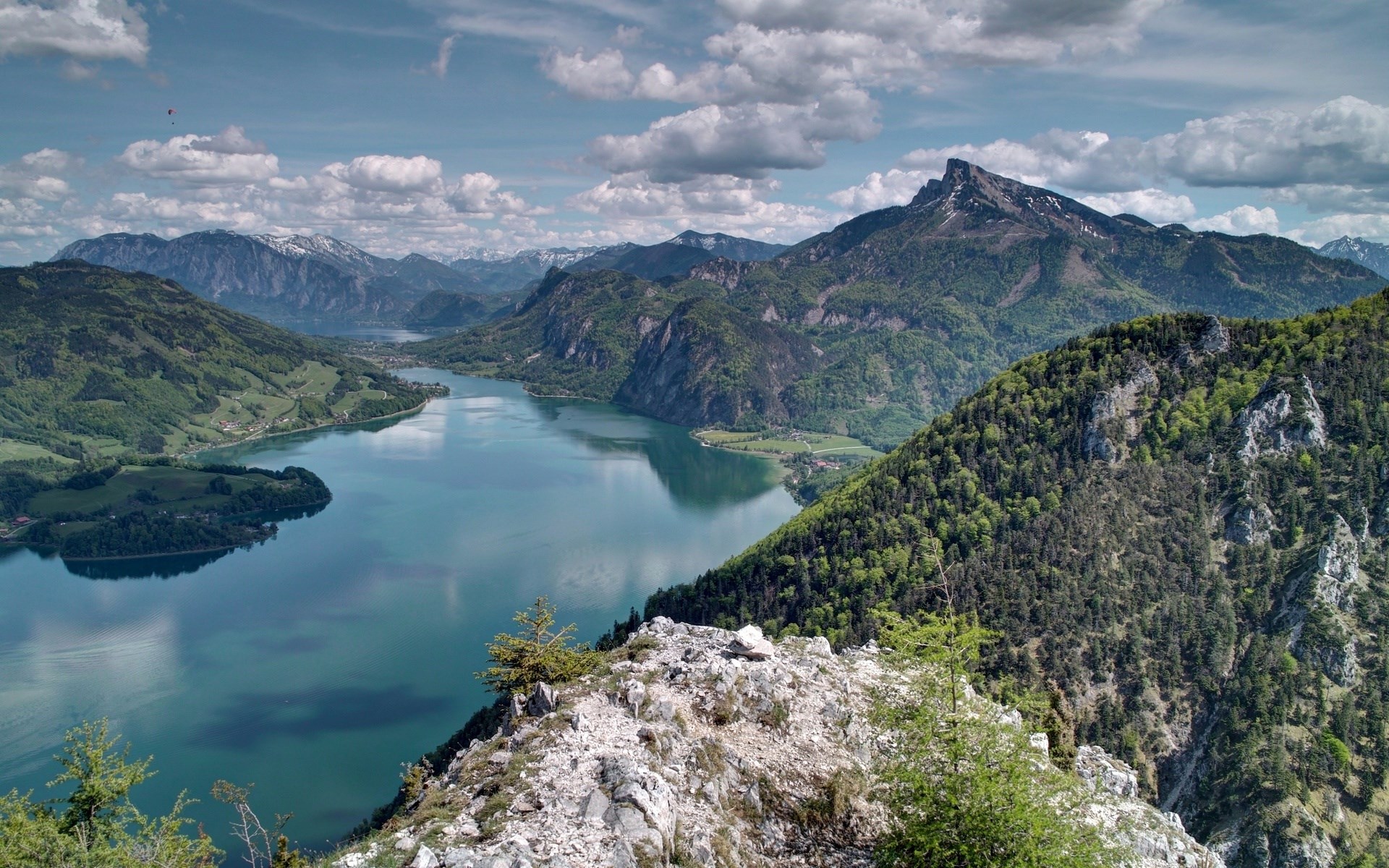 Mountain lake landscape with paragliders HD Wallpaper