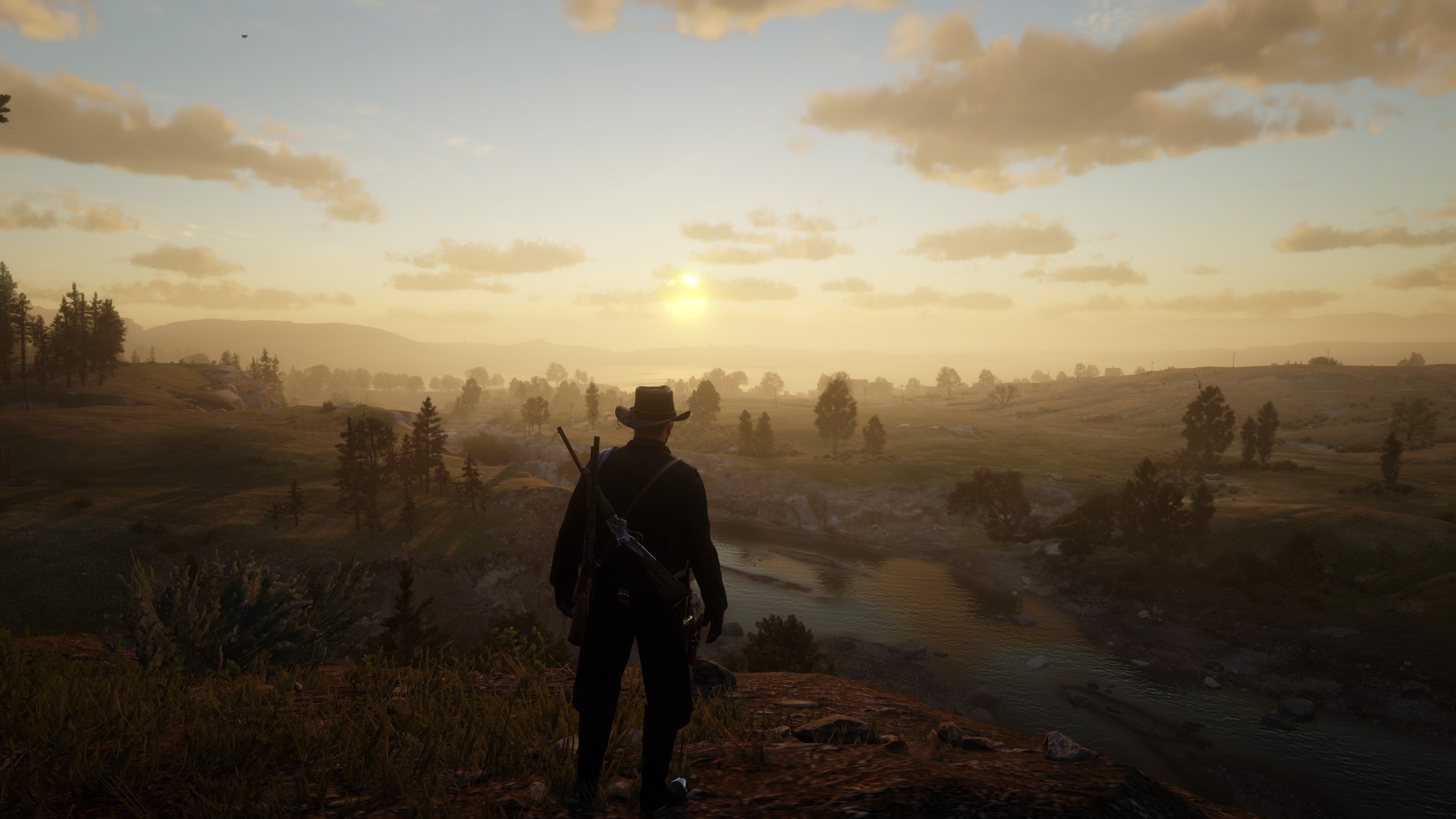 Man in cowboy hat overlooking a valley at sunset in Red Dead Redemption 2 HD Wallpaper