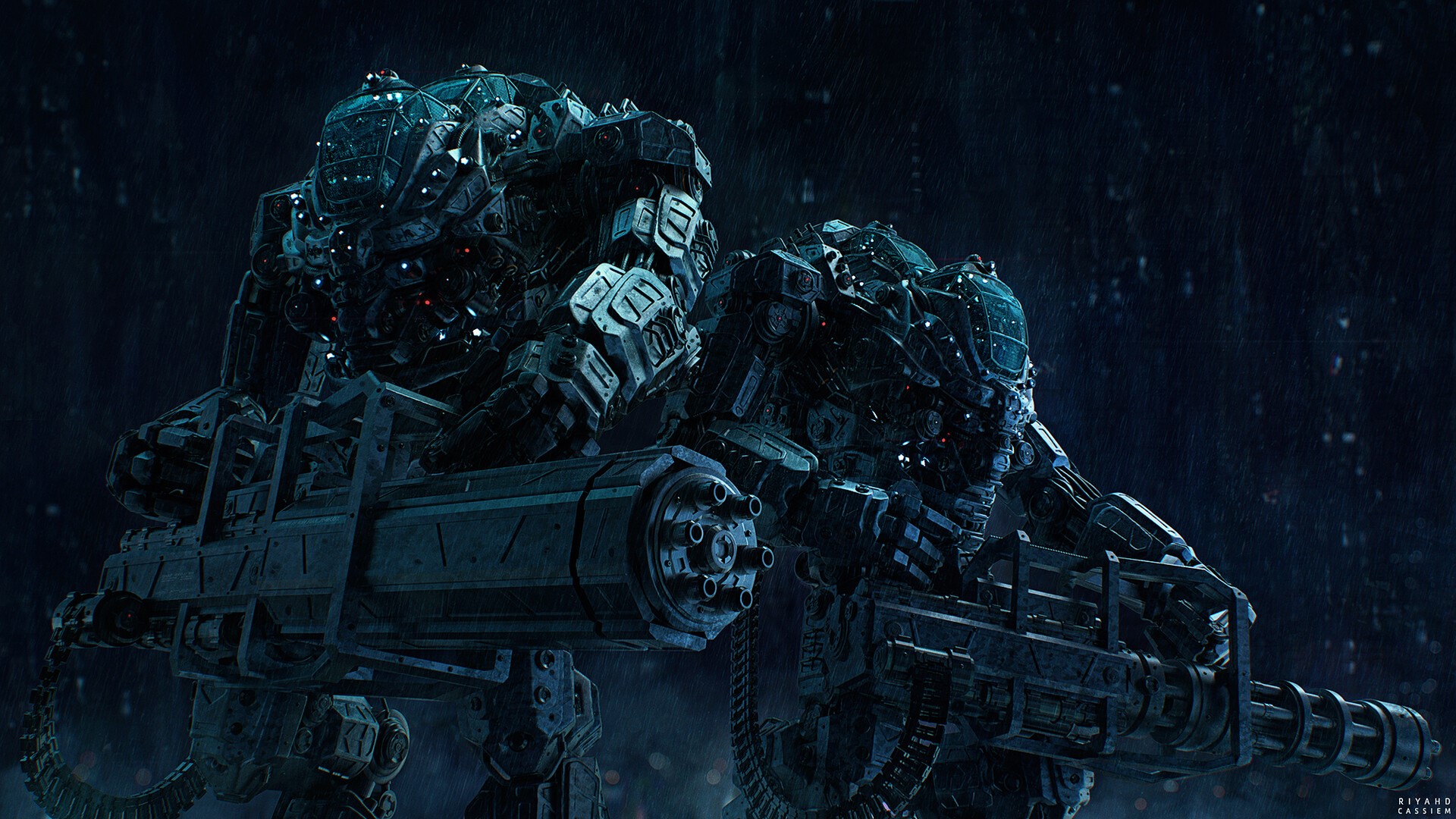Two futuristic mechs with heavy weapons in the rain HD Wallpaper